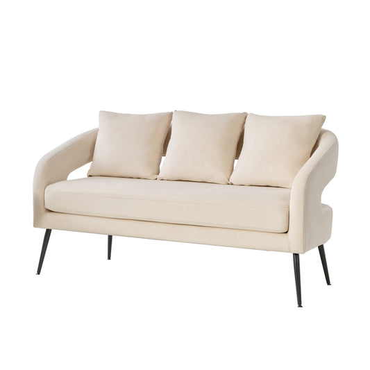 Modern Upholstered Velvet Open Back Loveseat Settee with 3 Pillows, Beige, Metal Legs, 53.7'