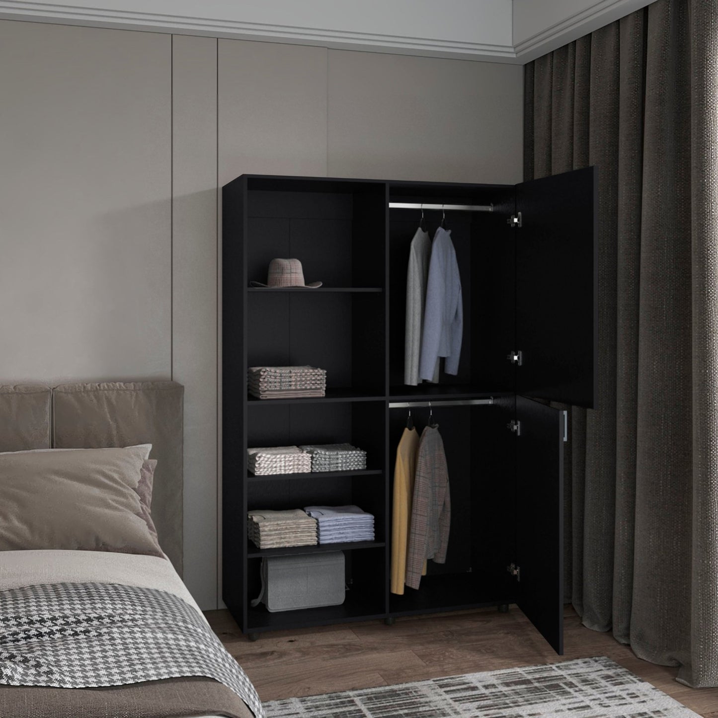 Eco High Two Door Freestanding Armoire With Hanging Rod And Interior Shelves, Compact Bedroom Wardrobe, Black - 1st Choice Furniture Direct