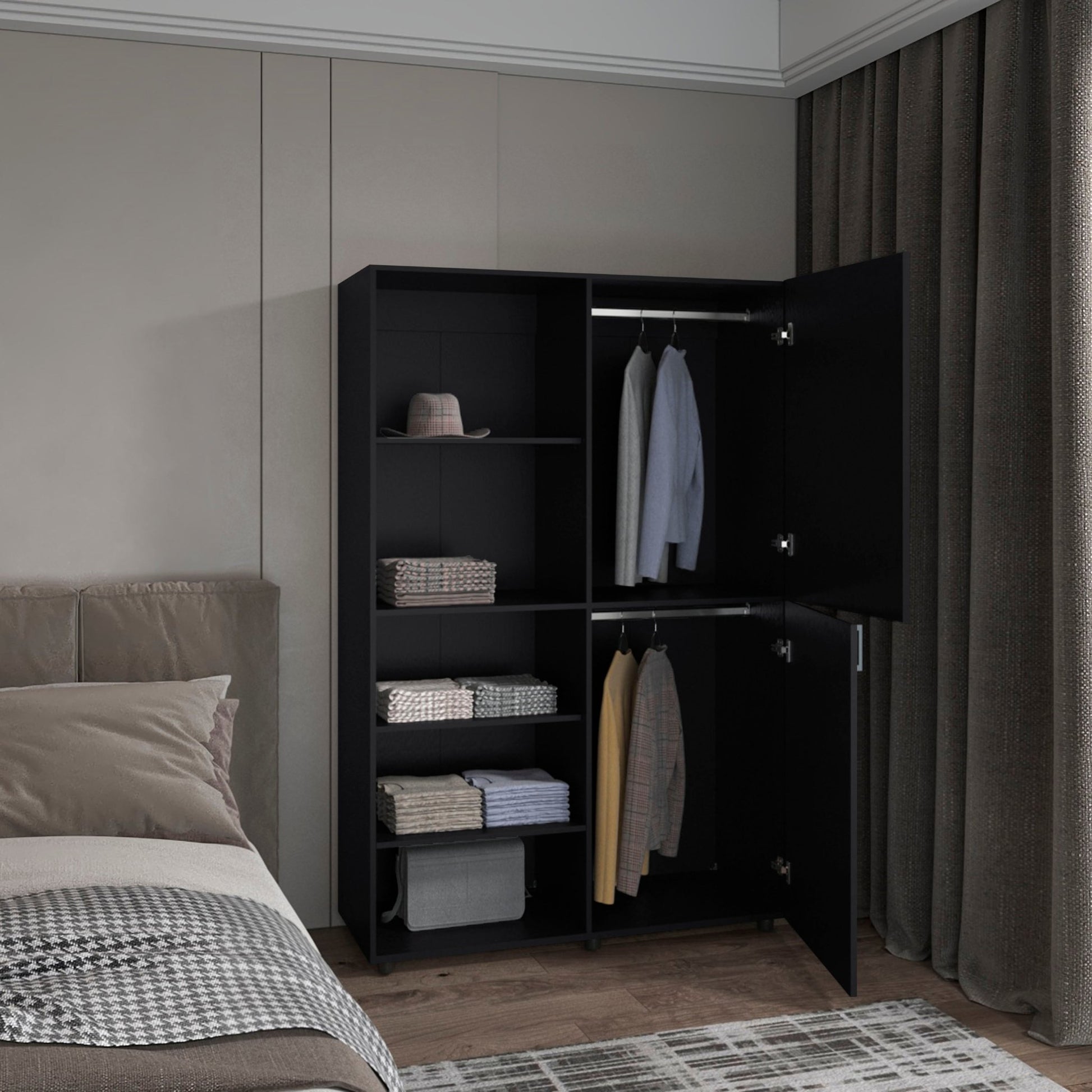 Eco High Two Door Freestanding Armoire With Hanging Rod And Interior Shelves, Compact Bedroom Wardrobe, Black - 1st Choice Furniture Direct
