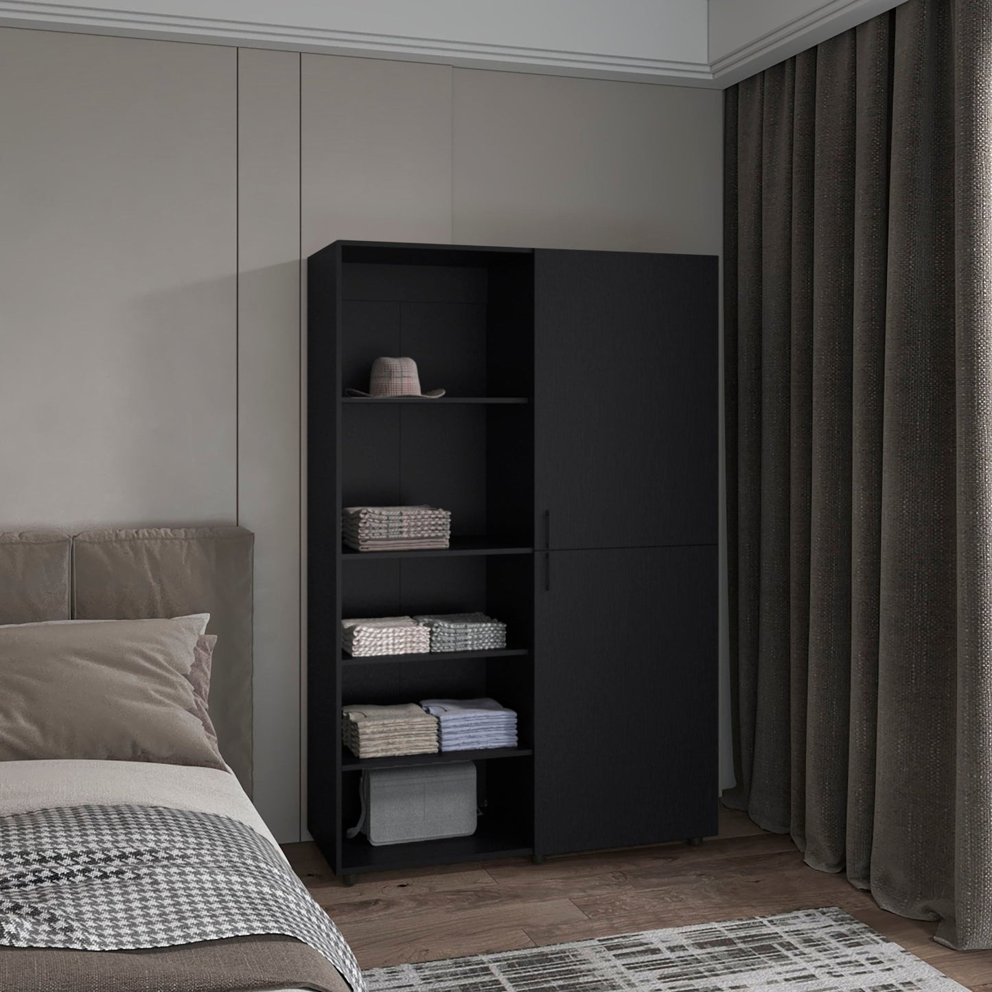 Eco High Two Door Freestanding Armoire With Hanging Rod And Interior Shelves, Compact Bedroom Wardrobe, Black - 1st Choice Furniture Direct