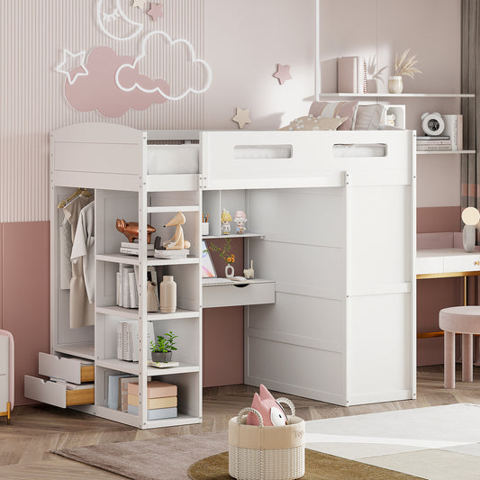 Twin Size Loft Bed with Desk, Wardrobes, 4 Drawers and 4 Shelves-White