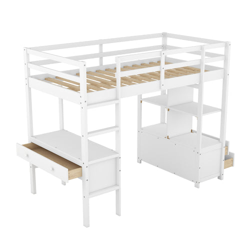 1st Choice Twin Size Loft Bed with Built-in Desk with Two Drawers in White