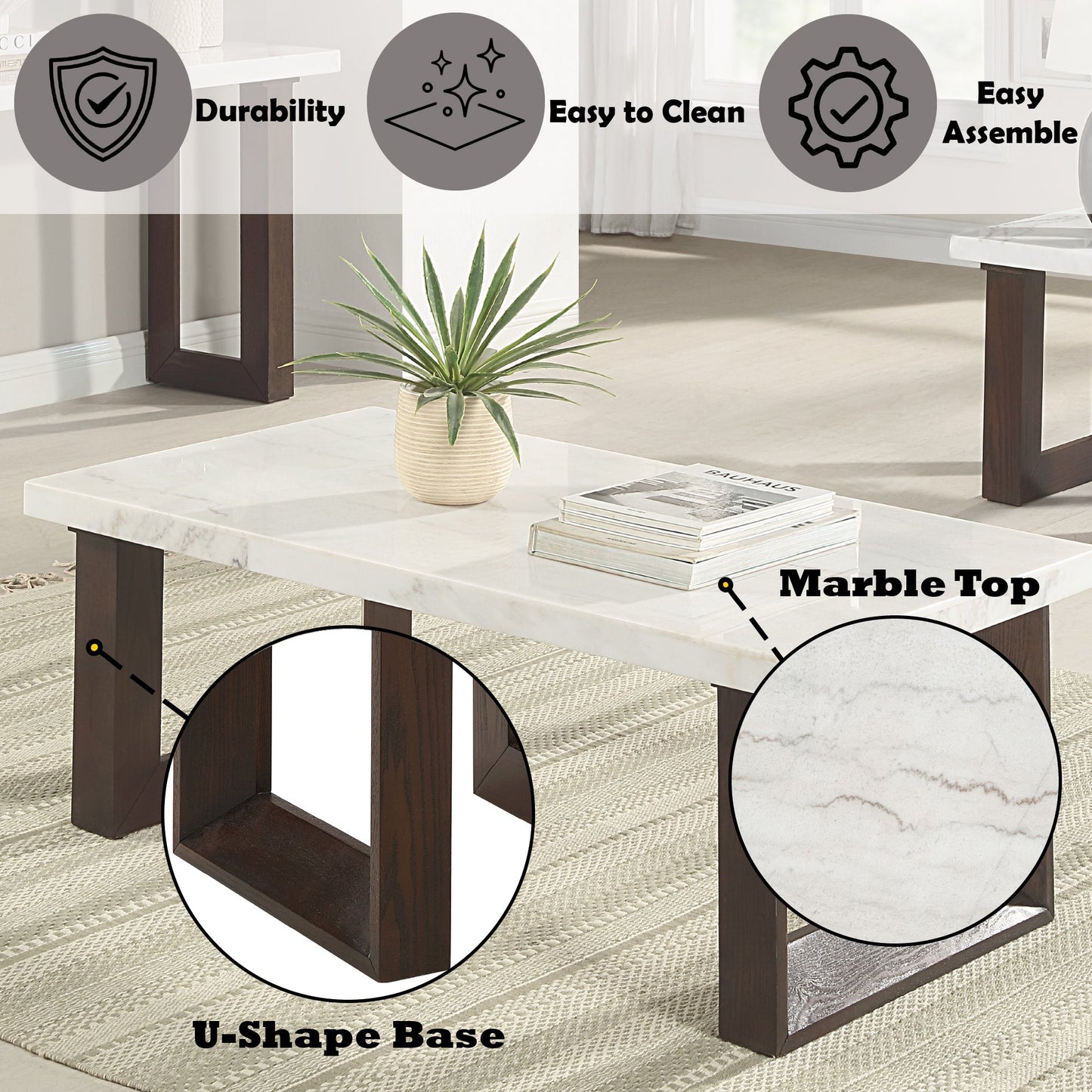 Edwyn White Natural Marble Top & Brown Finish Coffee Table w/Marble Top - 1st Choice Furniture Direct