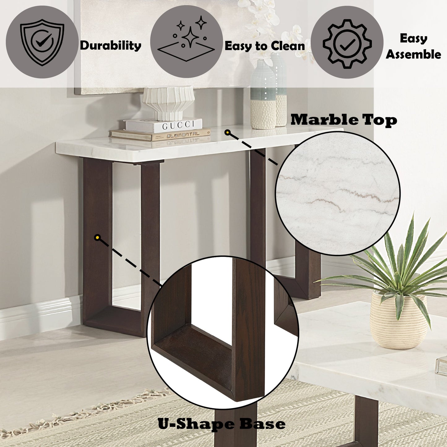 Edwyn White Natural Marble Top & Espresso Finish Sofa Table - 1st Choice Furniture Direct