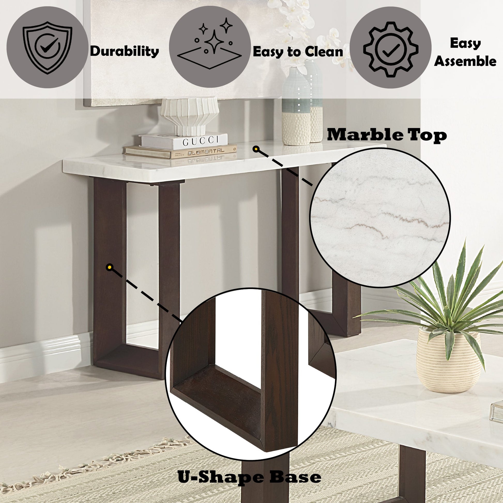Edwyn White Natural Marble Top & Espresso Finish Sofa Table - 1st Choice Furniture Direct