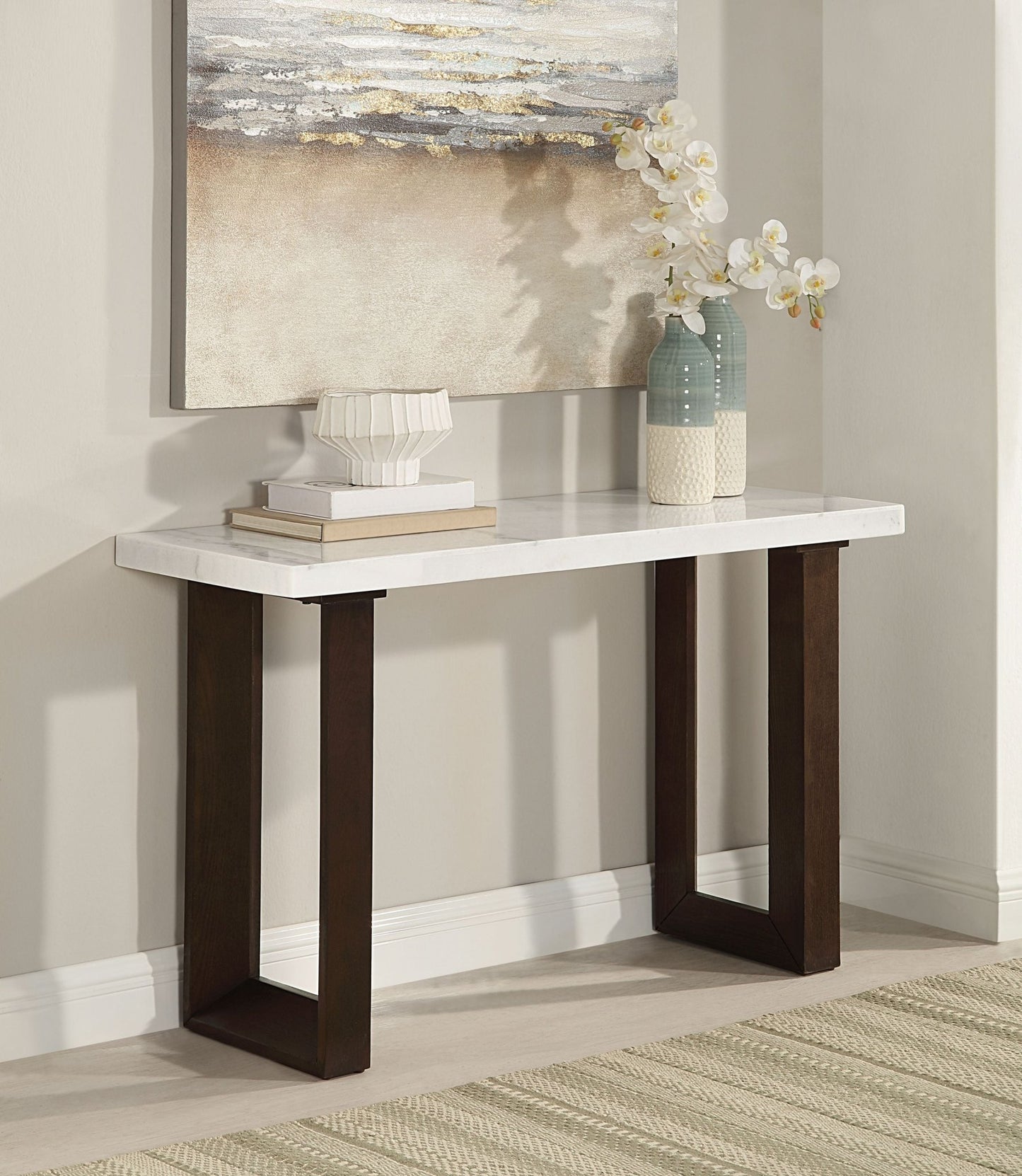 Edwyn White Natural Marble Top & Espresso Finish Sofa Table - 1st Choice Furniture Direct