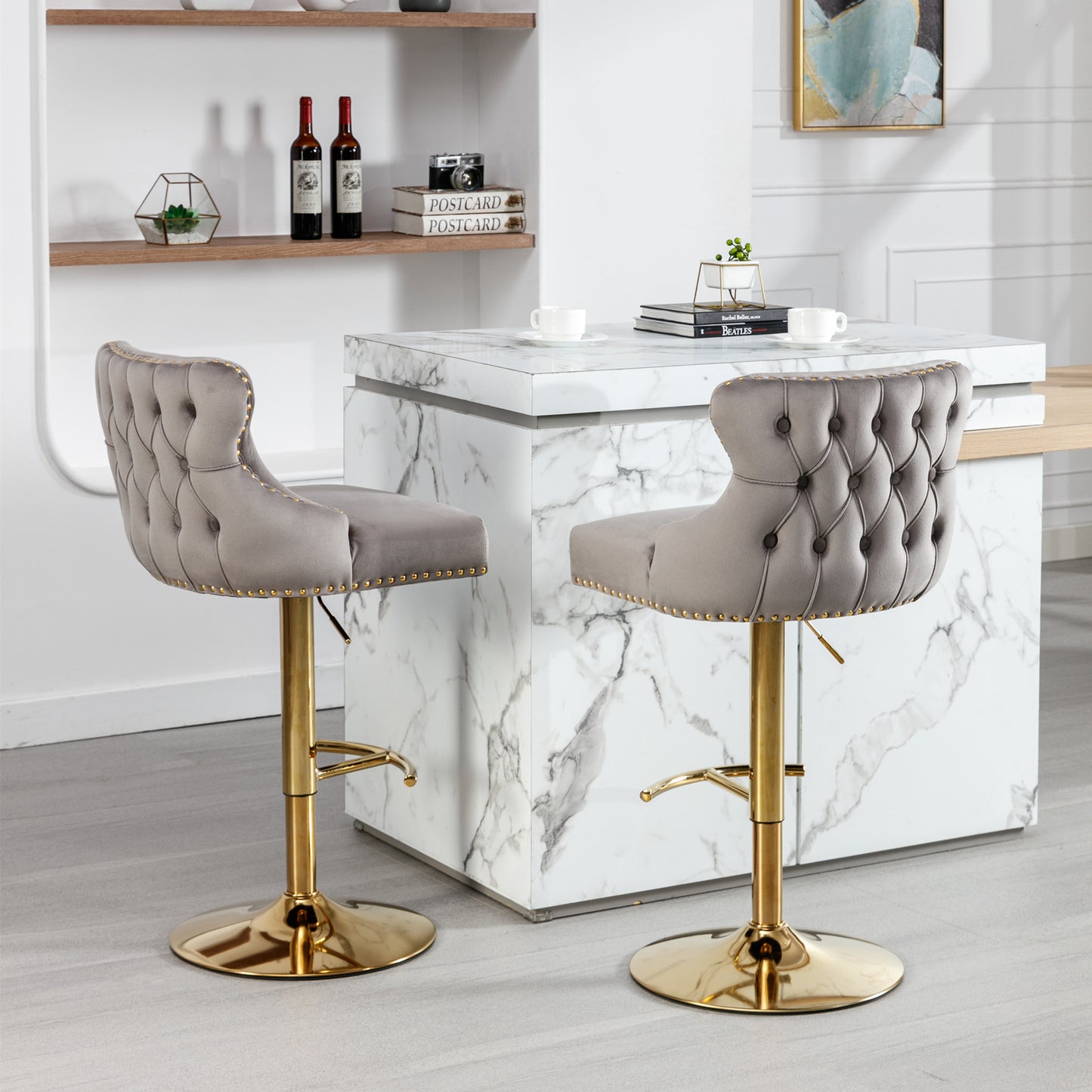 Seat Wide19.3 inches,Golden Swivel Velvet Barstools Adjusatble Seat Height from 25~33 Inch, Wing-Back Upholstered Bar Stools with Backs Comfortable Tufted for Kitchen Island or Bar,Gray,Set of 2