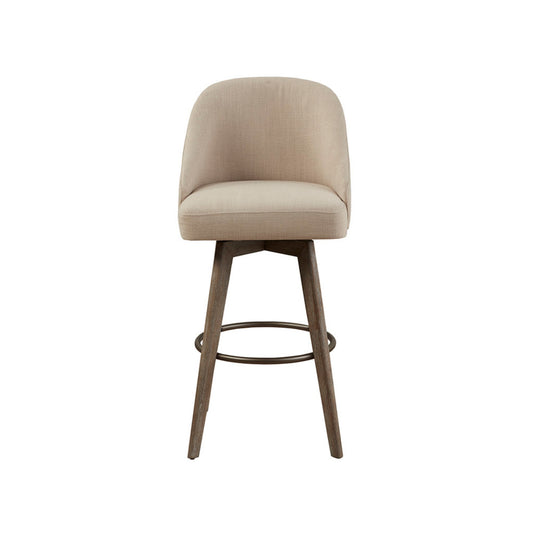 Bar Stool with Swivel Seat in Sand Polyester and Reclaimed Grey Wood