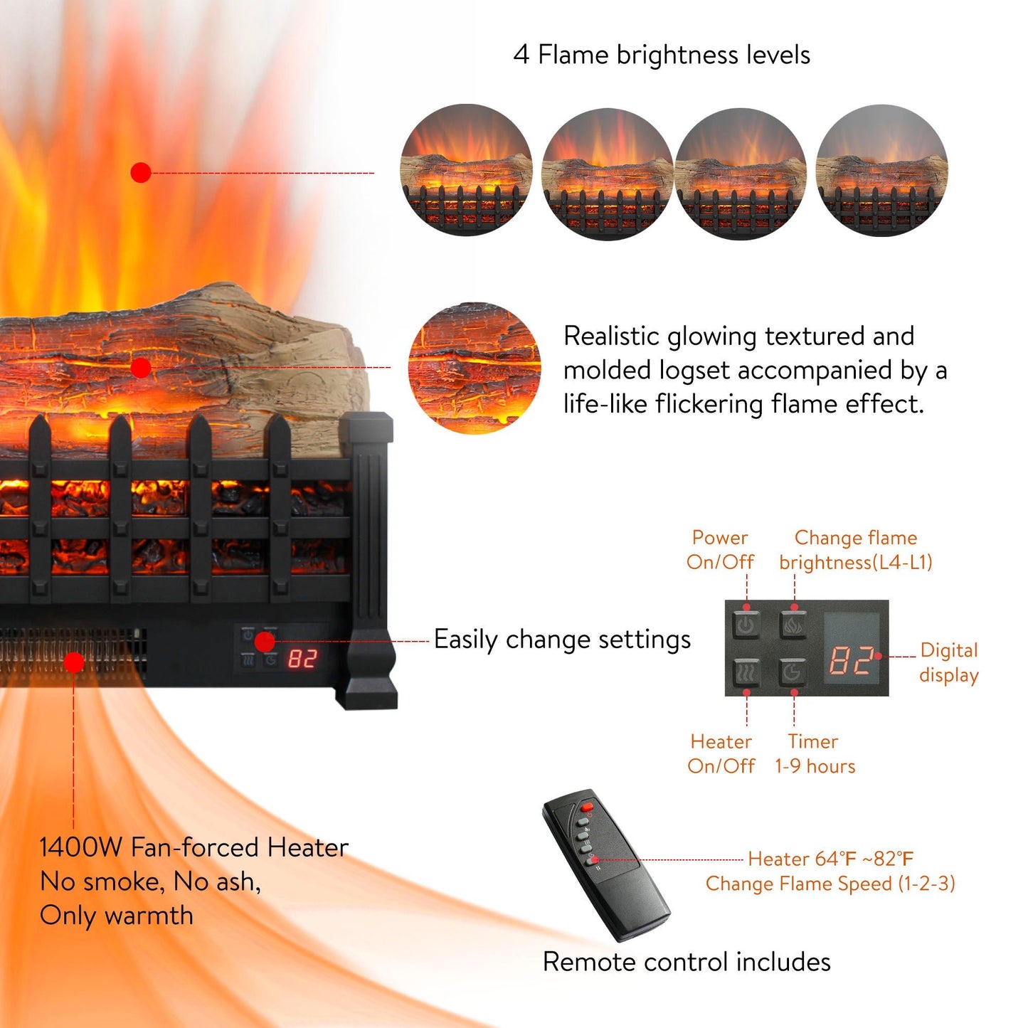 Electric Fireplace Insert Heater with Remote & Realistic Flame Effect - 1st Choice Furniture Direct