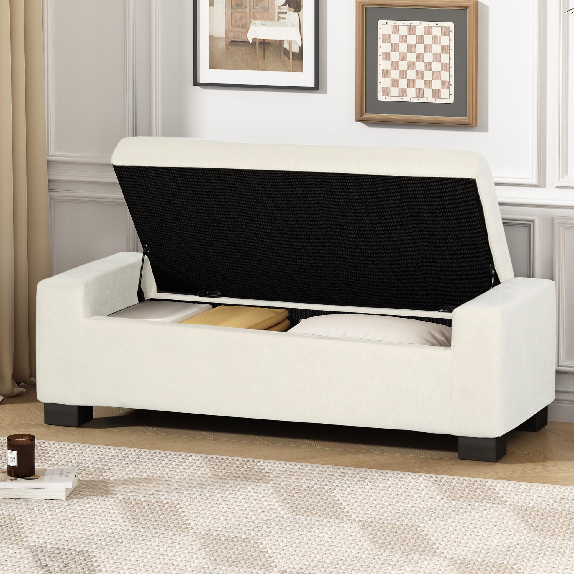 Elegant 50' Ottoman Bench with Textured Fabric, Hinged Lid for Seating and Storage, White - 1st Choice Furniture Direct