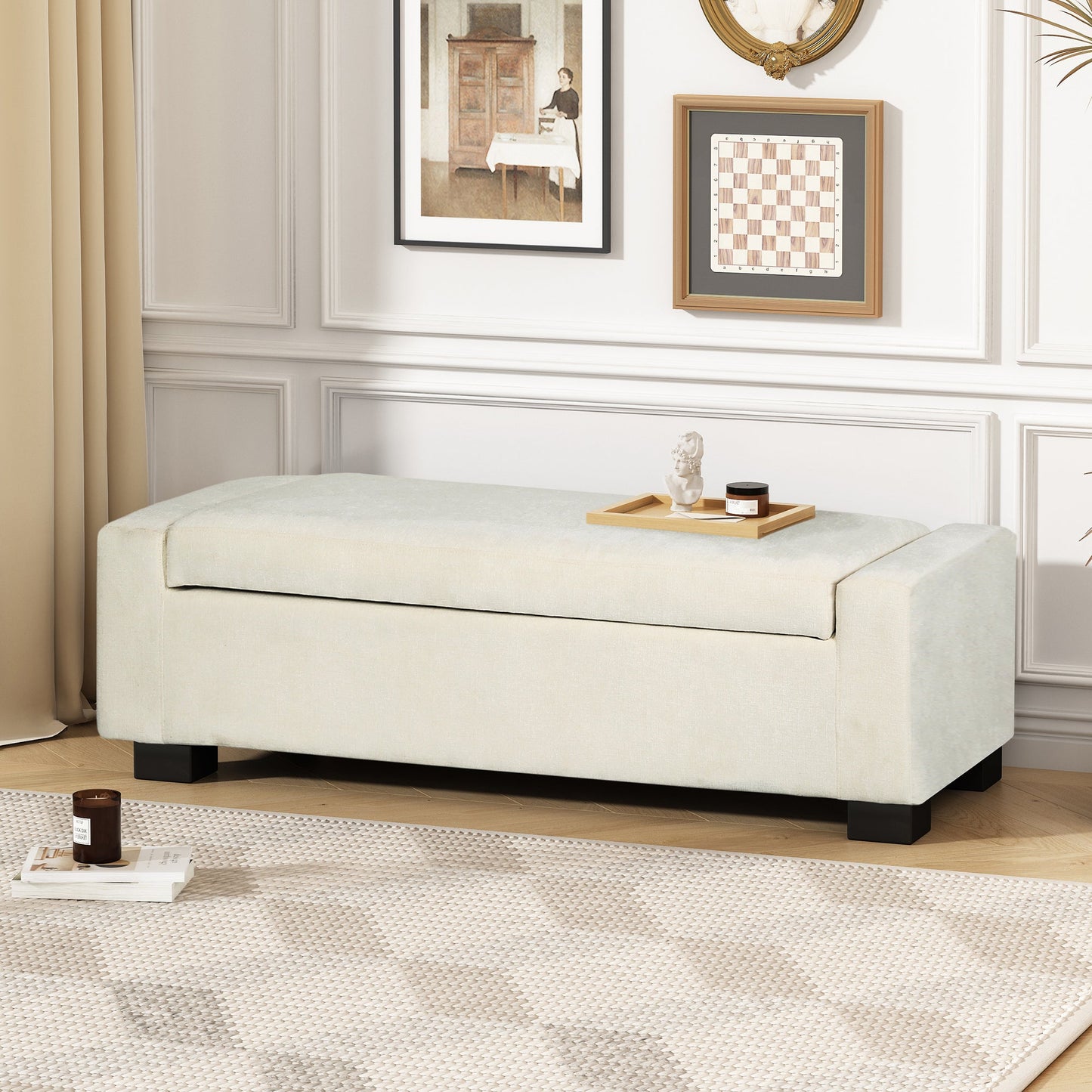 Elegant 50' Ottoman Bench with Textured Fabric, Hinged Lid for Seating and Storage, White - 1st Choice Furniture Direct