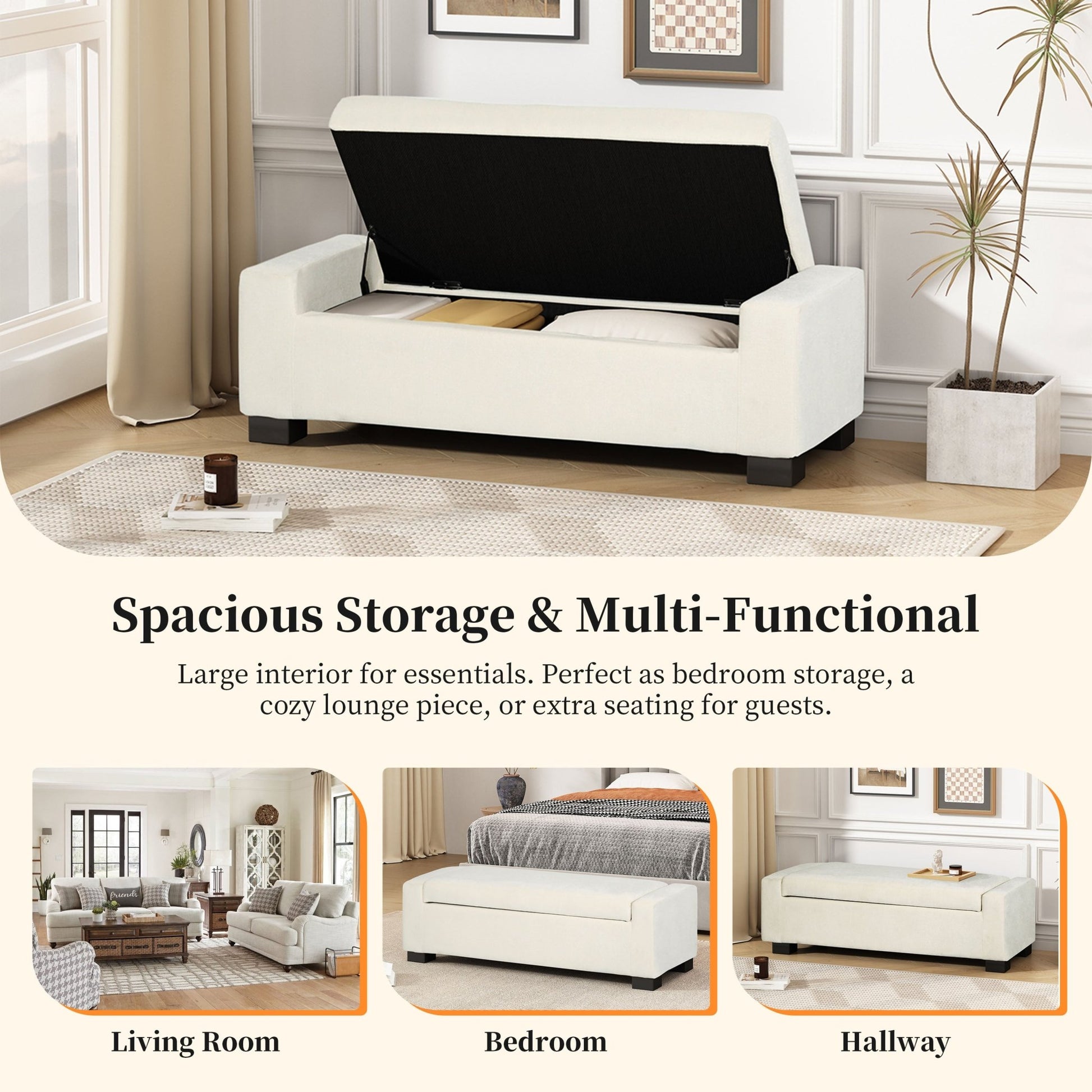 Elegant 50' Ottoman Bench with Textured Fabric, Hinged Lid for Seating and Storage, White - 1st Choice Furniture Direct