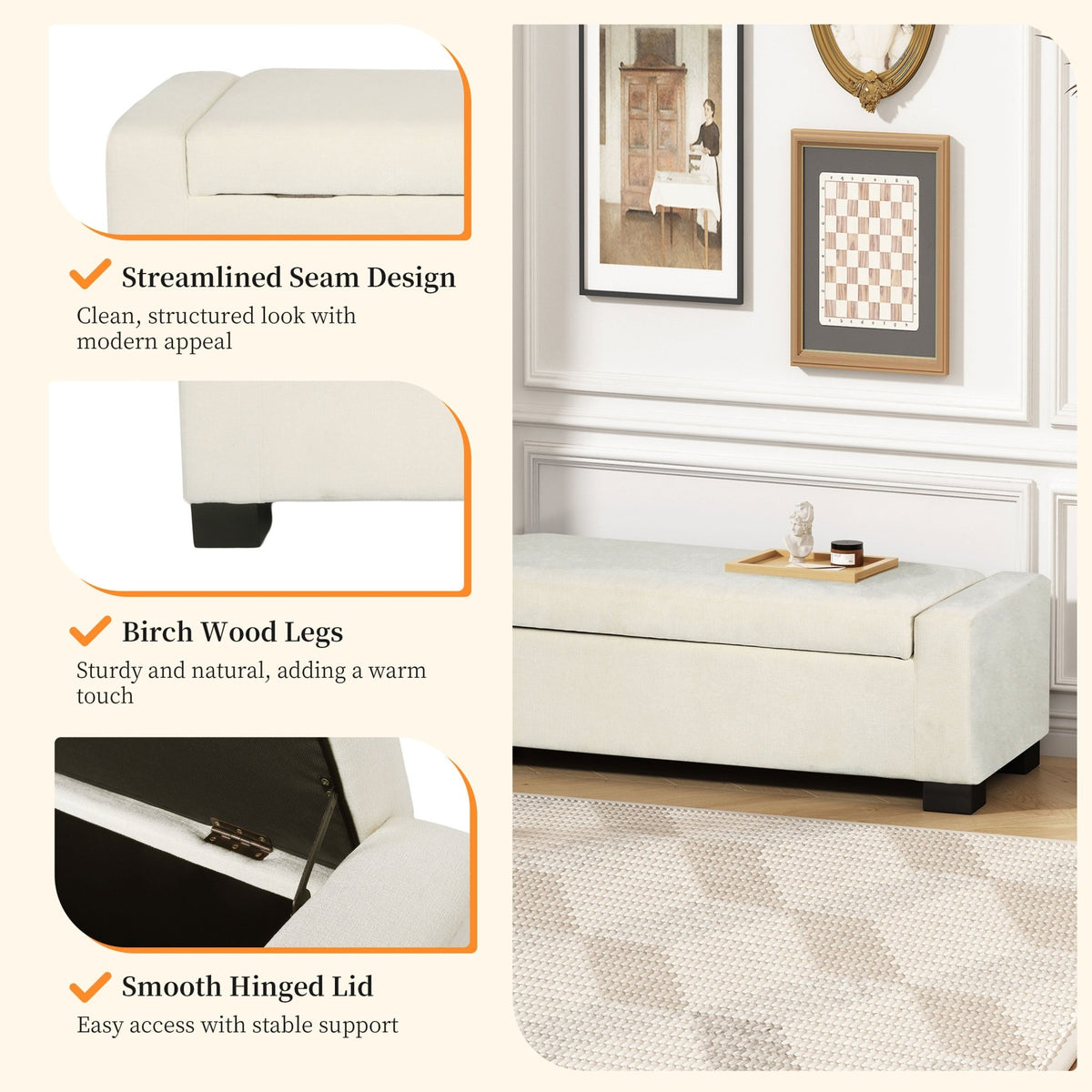 Elegant 50' Ottoman Bench with Textured Fabric, Hinged Lid for Seating and Storage, White - 1st Choice Furniture Direct