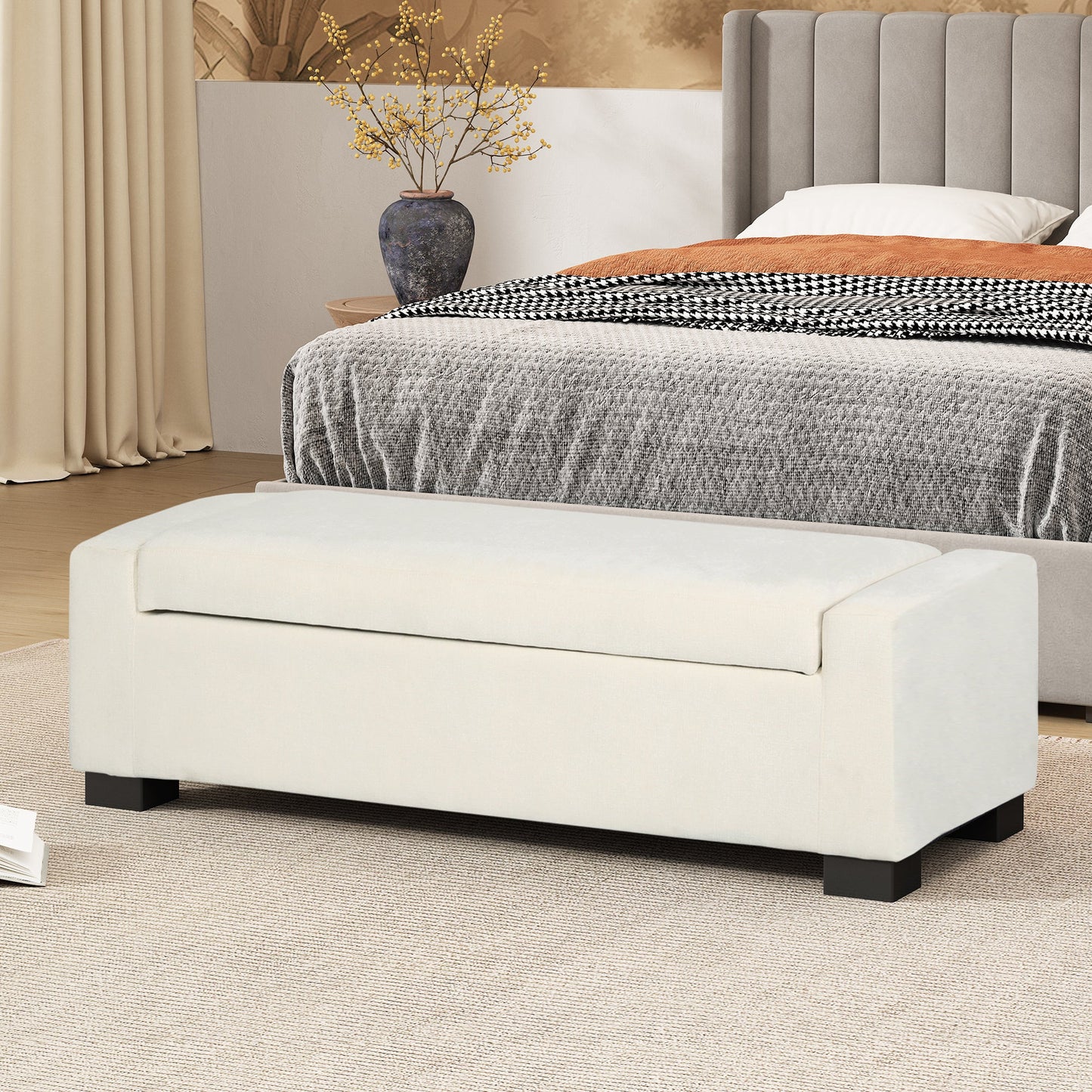Elegant 50' Ottoman Bench with Textured Fabric, Hinged Lid for Seating and Storage, White - 1st Choice Furniture Direct