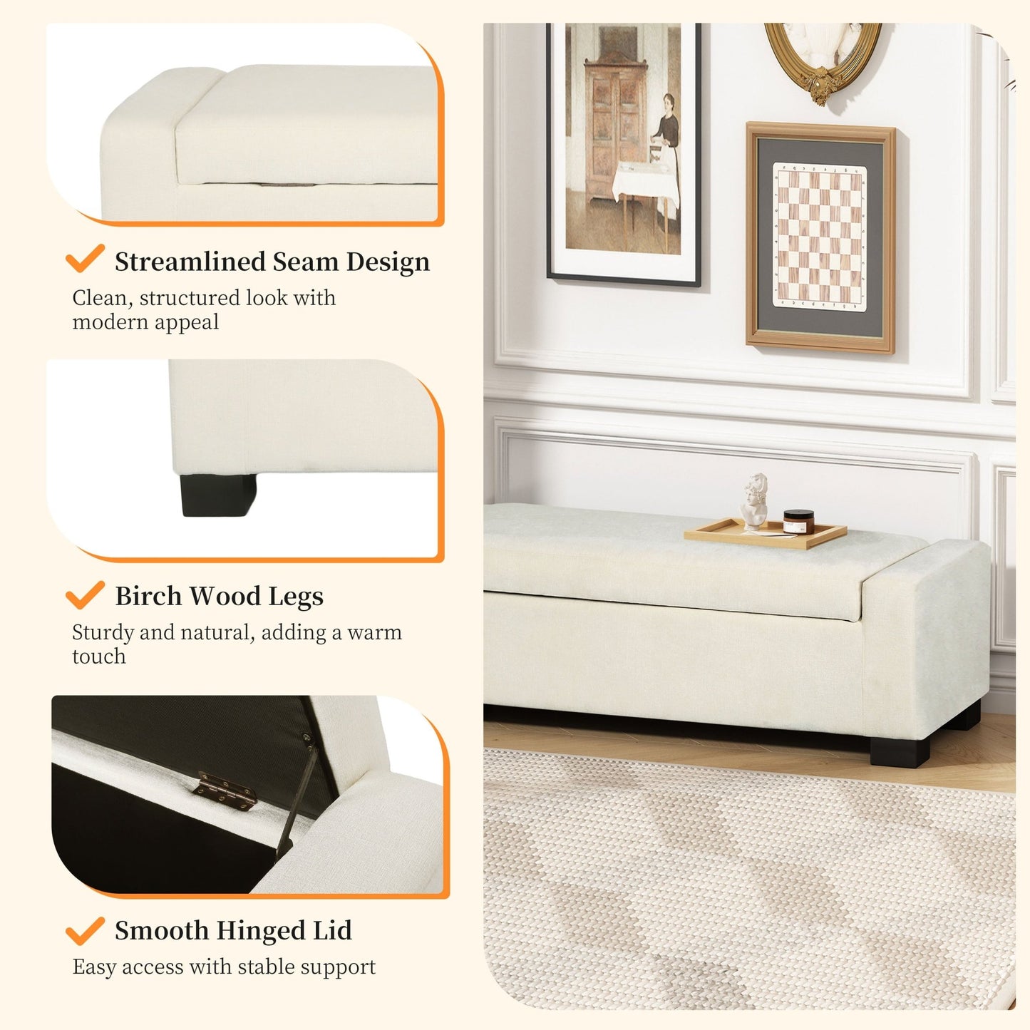 Elegant 50' Ottoman Bench with Textured Fabric, Hinged Lid for Seating and Storage, White - 1st Choice Furniture Direct