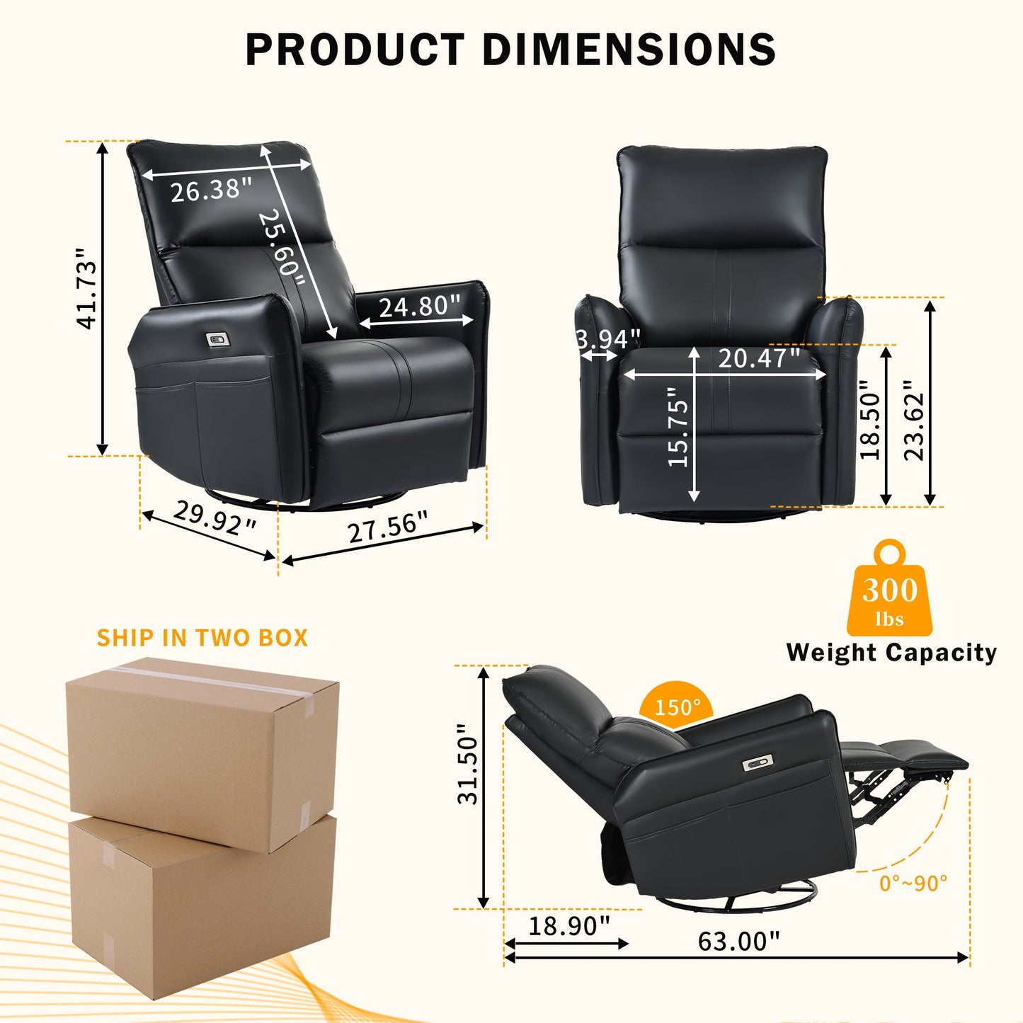 Elegant Black PU Power Swivel Rocker Recliner Chair for Adults with Electric Reclining and 270° Swivel Function - 1st Choice Furniture Direct