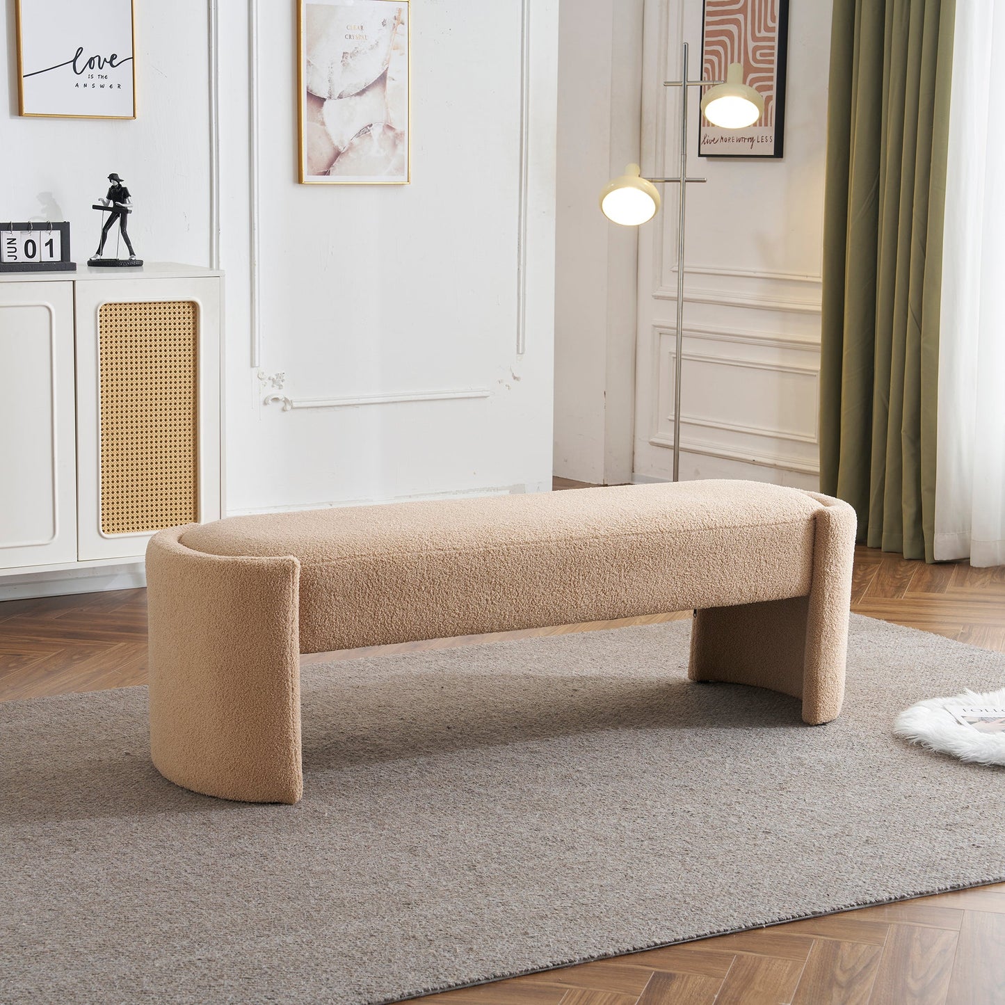 Elegant Simple Long Ottoman Bench in Light Camel with Wooden Frame and Polyester Upholstery, 61.25 x 19.75 x 19.25 inches - 1st Choice Furniture Direct