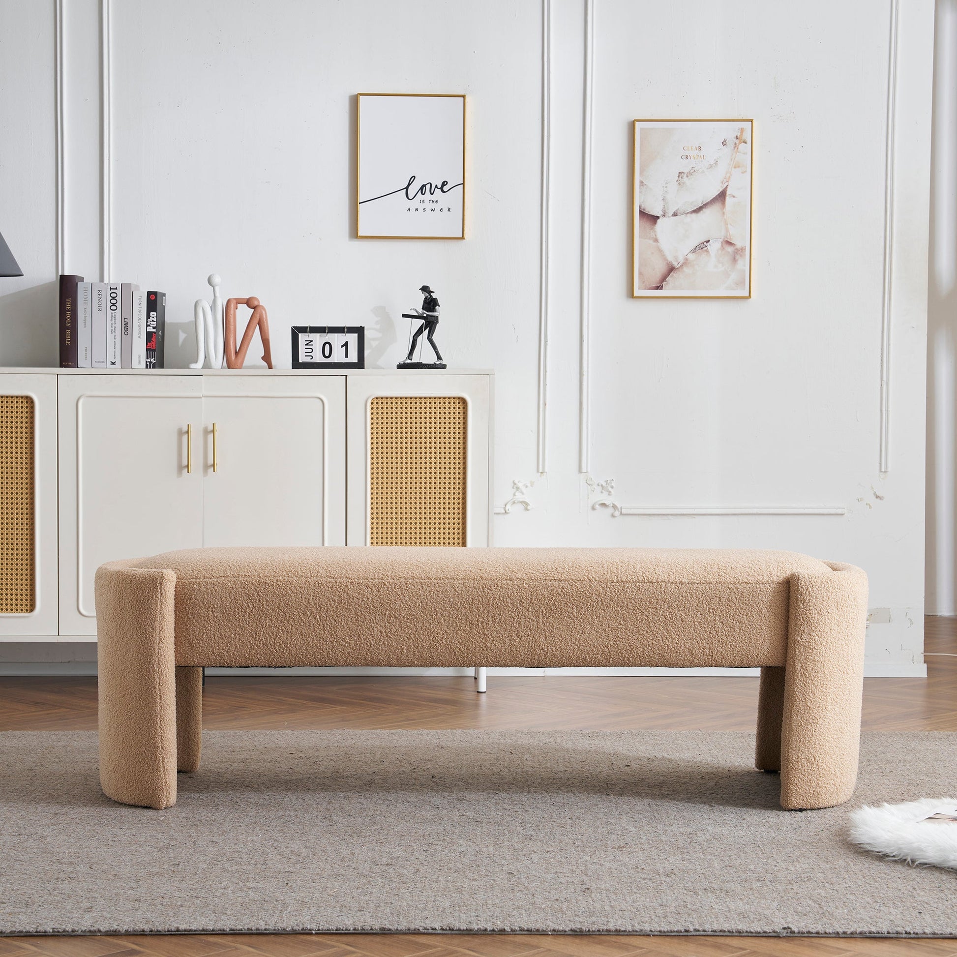 Elegant Simple Long Ottoman Bench in Light Camel with Wooden Frame and Polyester Upholstery, 61.25 x 19.75 x 19.25 inches - 1st Choice Furniture Direct