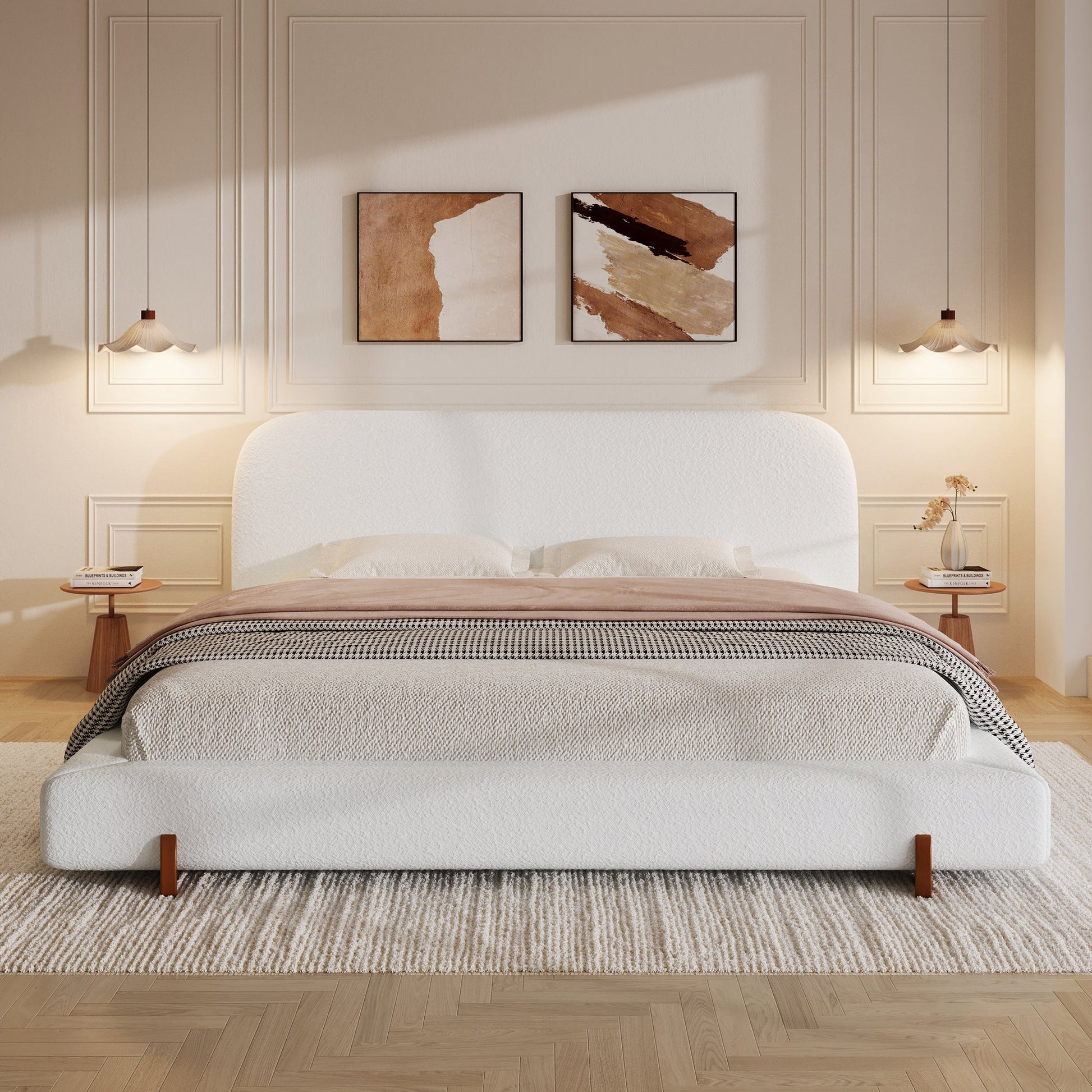 Elegant White Fabric Upholstered Bed Frame with Brown Rubber Wood Legs, King Size - 1st Choice Furniture Direct