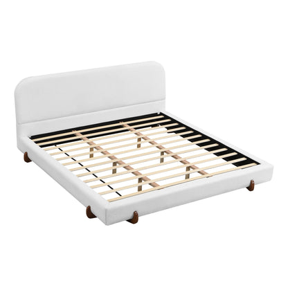 Elegant White Fabric Upholstered Bed Frame with Brown Rubber Wood Legs, King Size - 1st Choice Furniture Direct