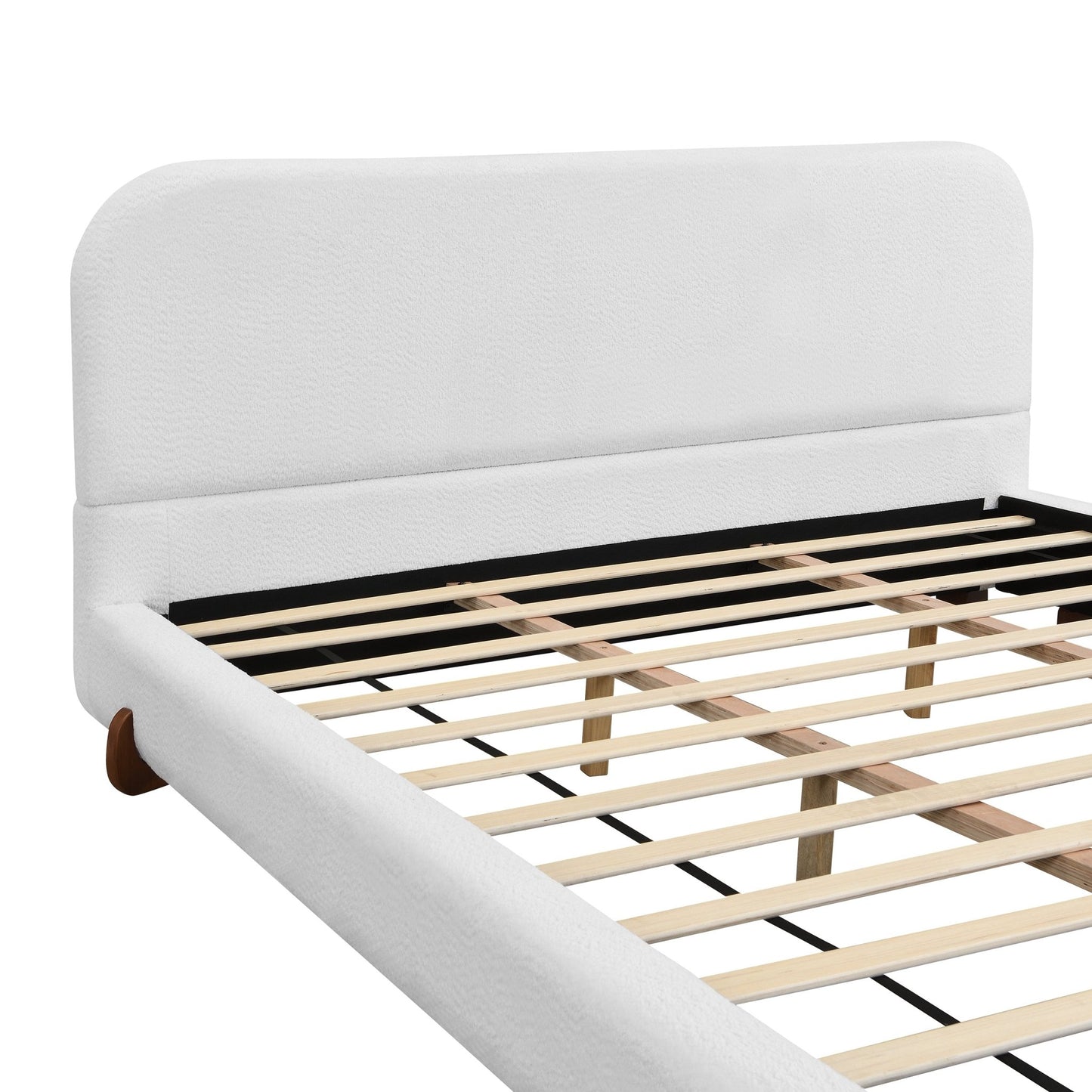 Elegant White Fabric Upholstered Bed Frame with Brown Rubber Wood Legs, King Size - 1st Choice Furniture Direct