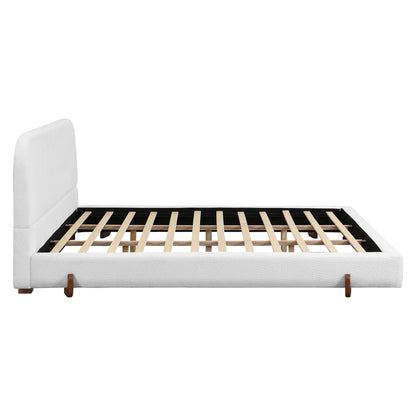 Elegant White Fabric Upholstered Bed Frame with Brown Rubber Wood Legs, King Size - 1st Choice Furniture Direct