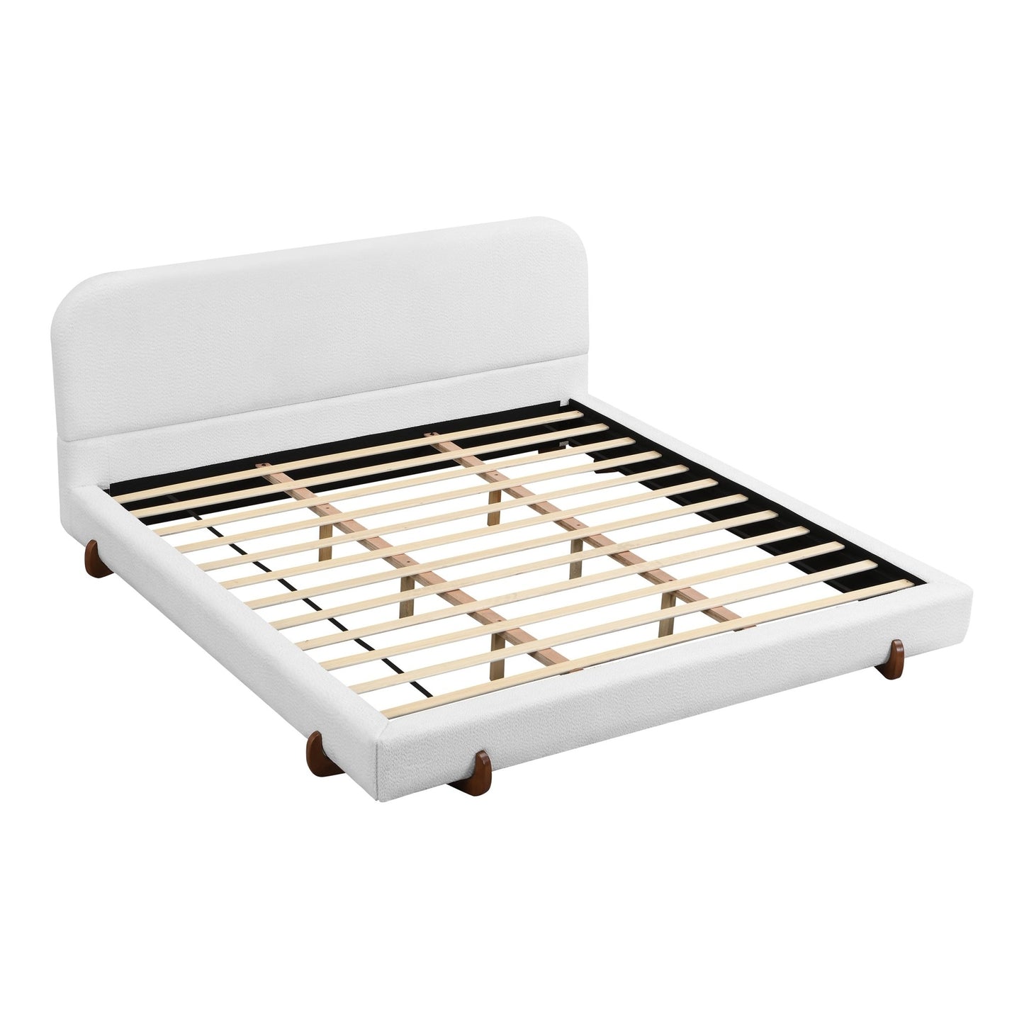 Elegant White Fabric Upholstered Bed Frame with Brown Rubber Wood Legs, King Size - 1st Choice Furniture Direct