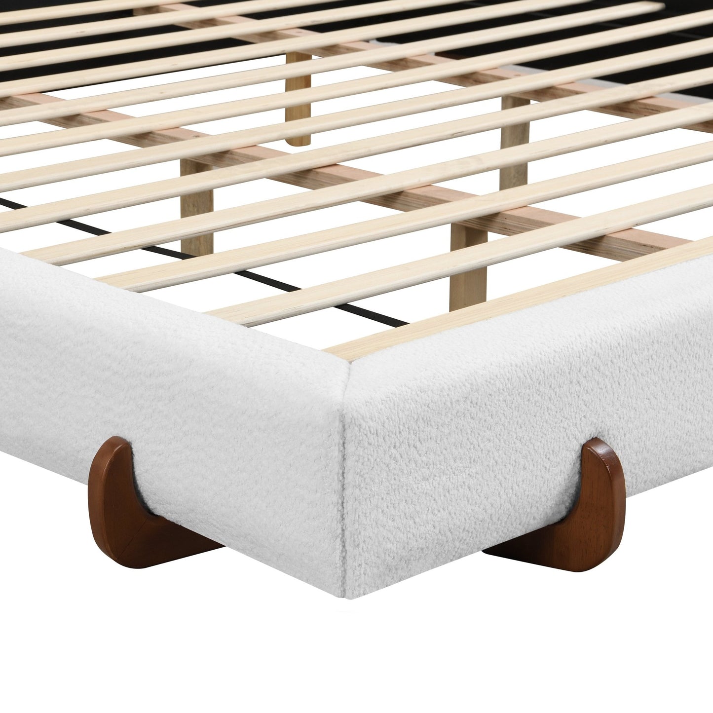 Elegant White Fabric Upholstered Bed Frame with Brown Rubber Wood Legs, King Size - 1st Choice Furniture Direct