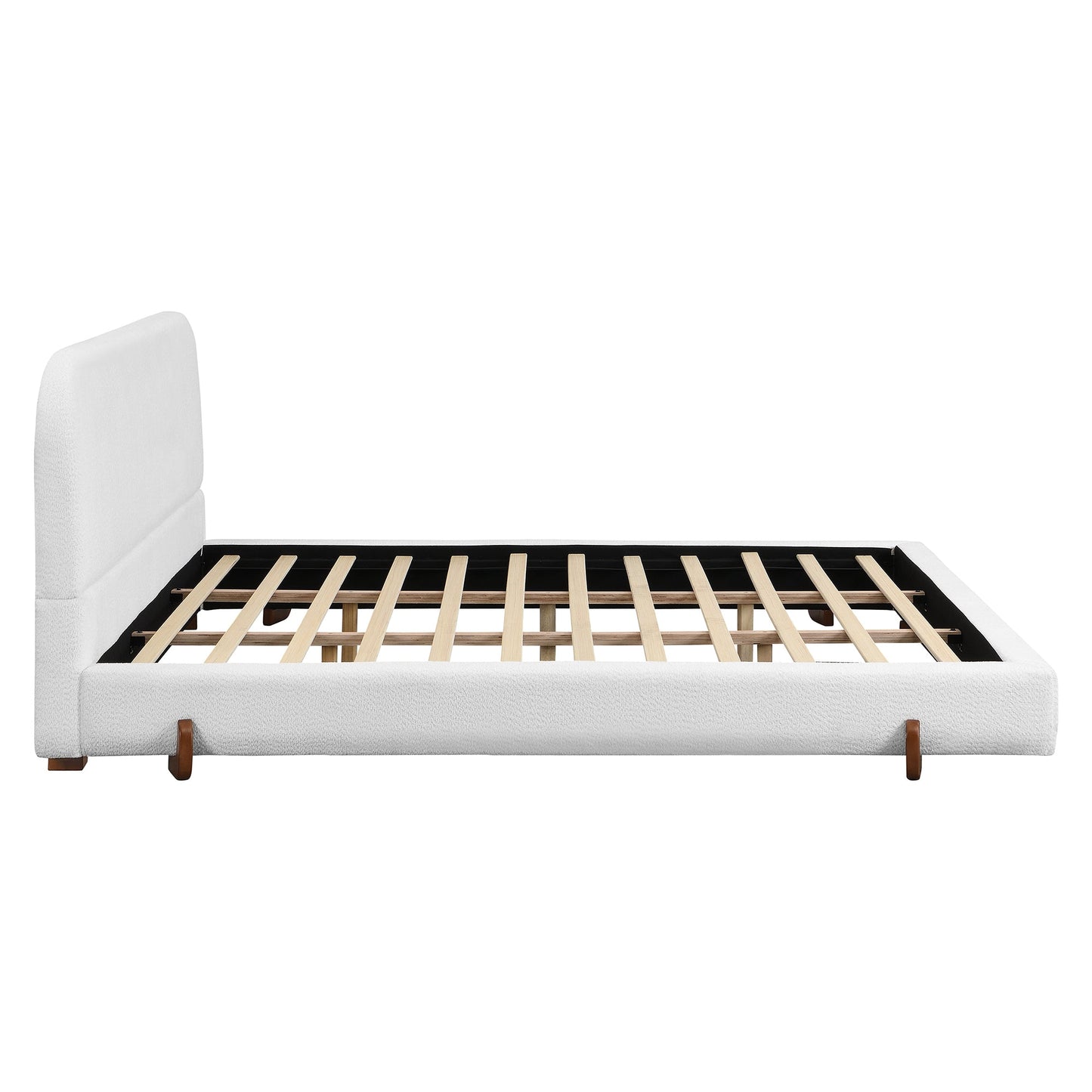 Elegant White Fabric Upholstered Bed Frame with Brown Rubber Wood Legs, King Size - 1st Choice Furniture Direct