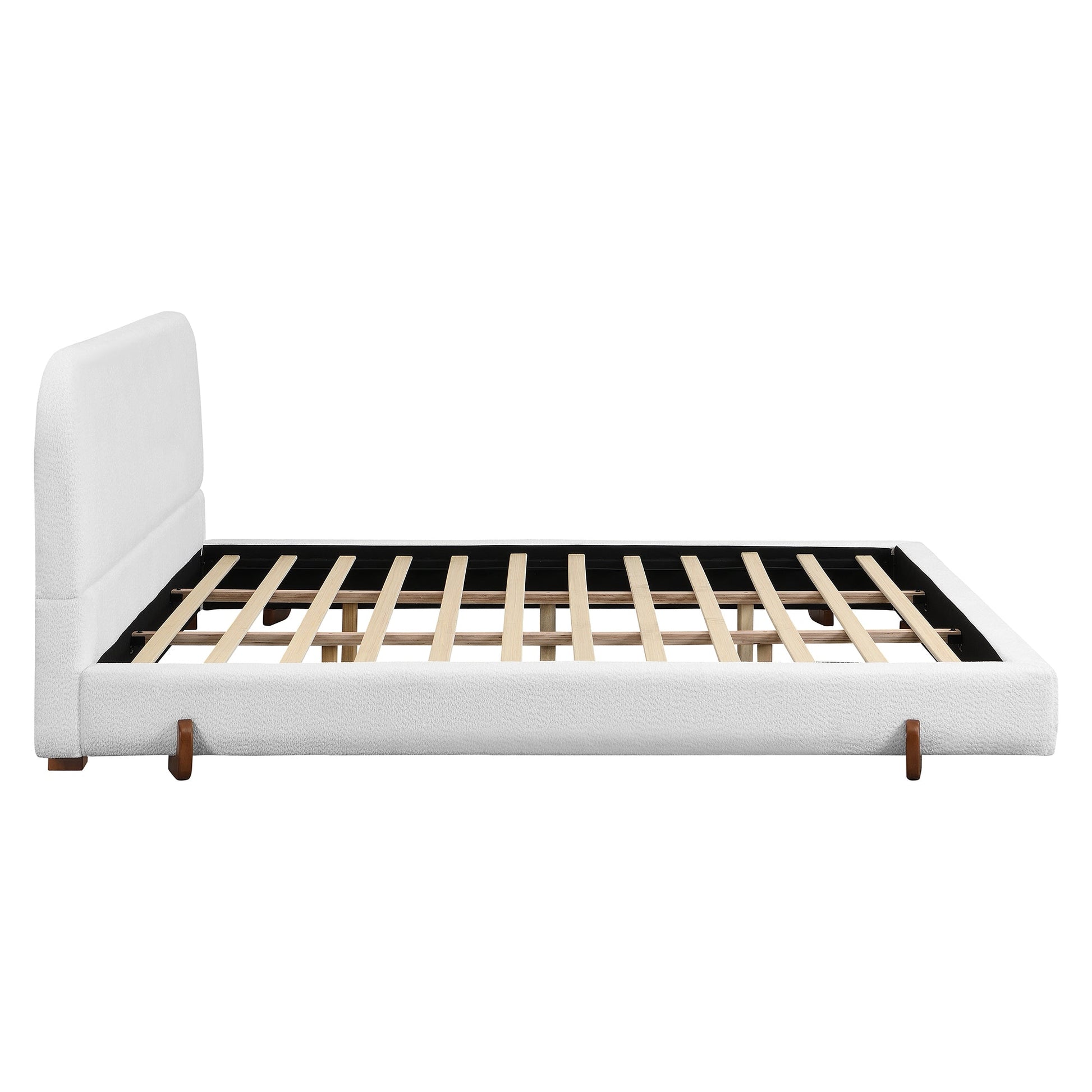 Elegant White Fabric Upholstered Bed Frame with Brown Rubber Wood Legs, King Size - 1st Choice Furniture Direct