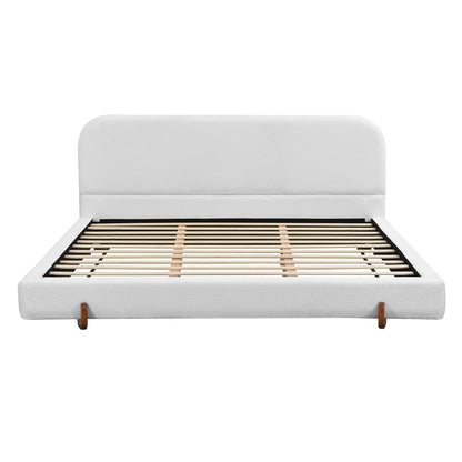 Elegant White Fabric Upholstered Bed Frame with Brown Rubber Wood Legs, King Size - 1st Choice Furniture Direct