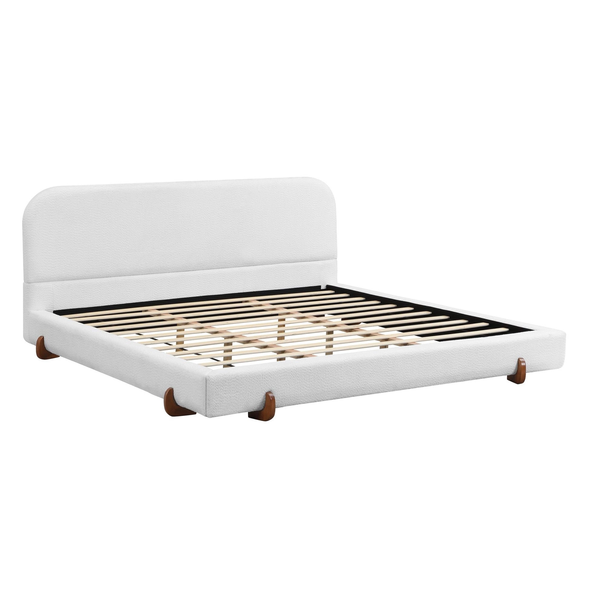 Elegant White Fabric Upholstered Bed Frame with Brown Rubber Wood Legs, King Size - 1st Choice Furniture Direct