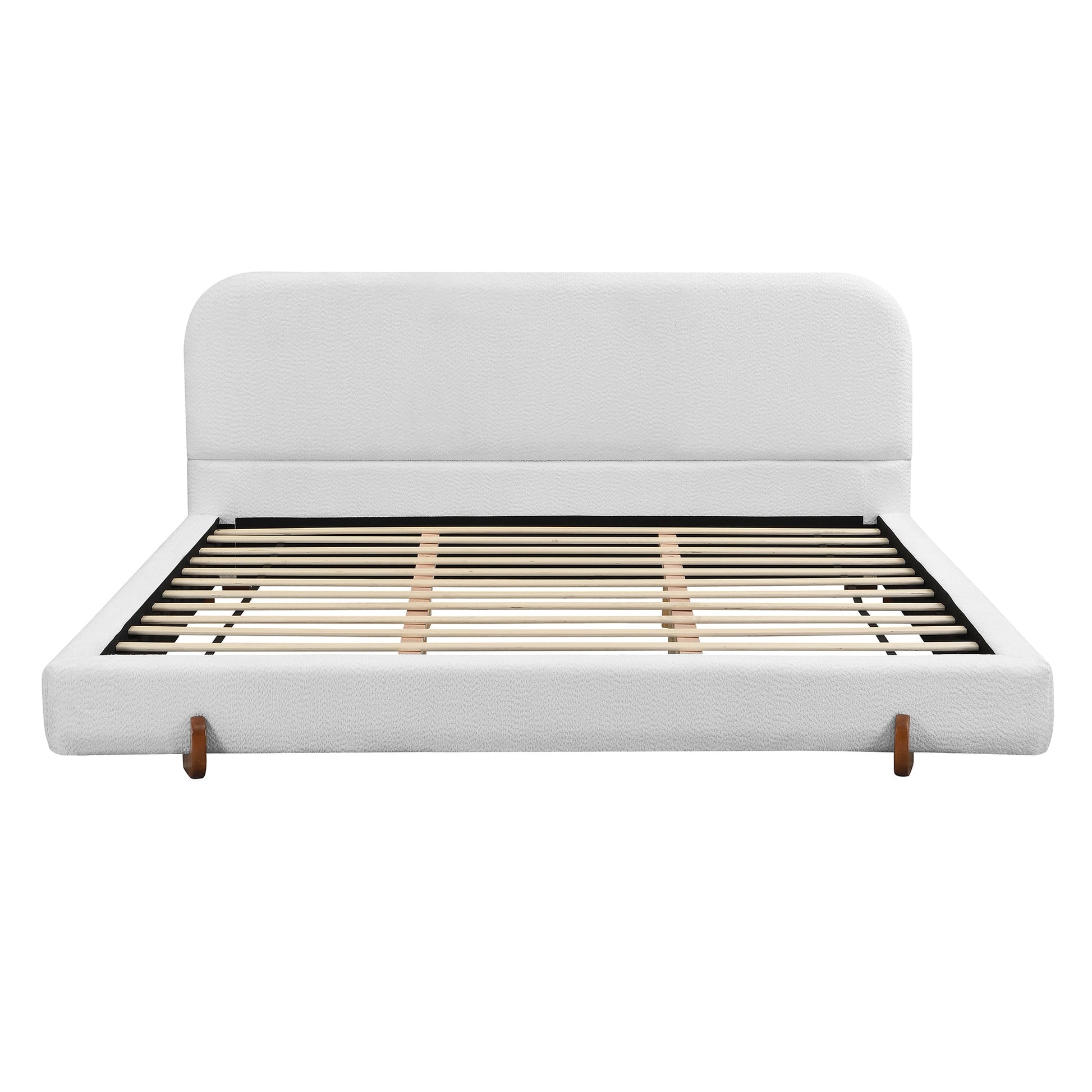 Elegant White Fabric Upholstered Bed Frame with Brown Rubber Wood Legs, King Size - 1st Choice Furniture Direct
