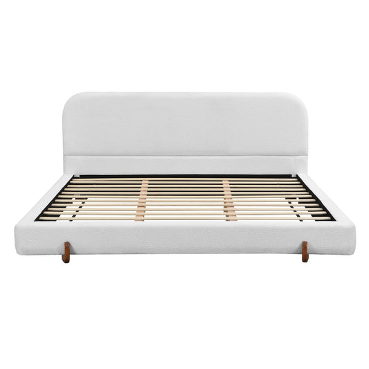 Elegant White Fabric Upholstered Bed Frame with Brown Rubber Wood Legs, King Size - 1st Choice Furniture Direct