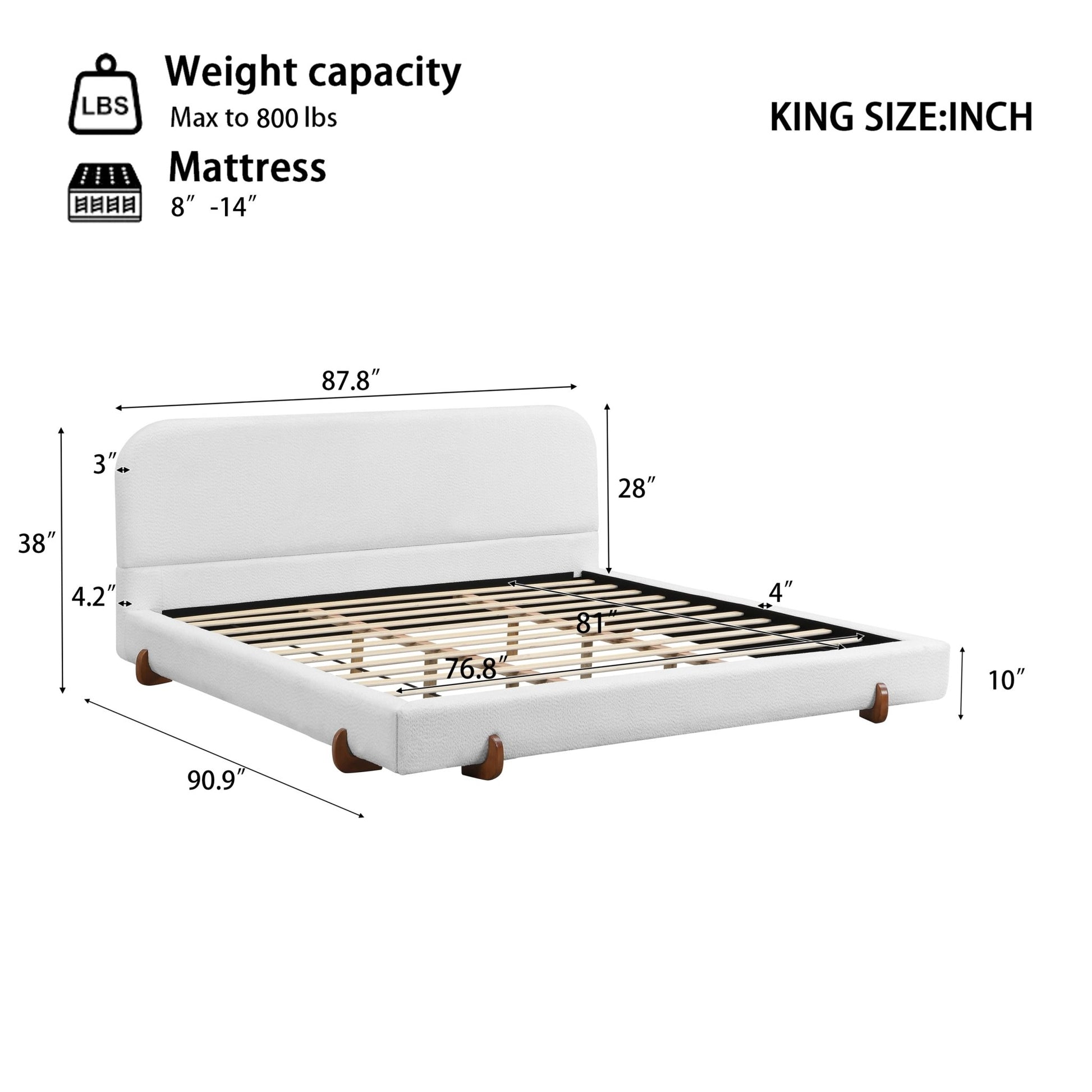 Elegant White Fabric Upholstered Bed Frame with Brown Rubber Wood Legs, King Size - 1st Choice Furniture Direct