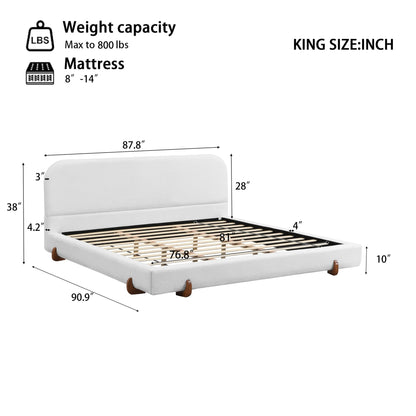 Elegant White Fabric Upholstered Bed Frame with Brown Rubber Wood Legs, King Size - 1st Choice Furniture Direct