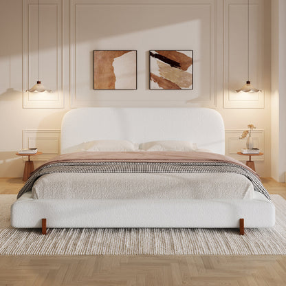 Elegant White Fabric Upholstered Bed Frame with Brown Rubber Wood Legs, King Size - 1st Choice Furniture Direct