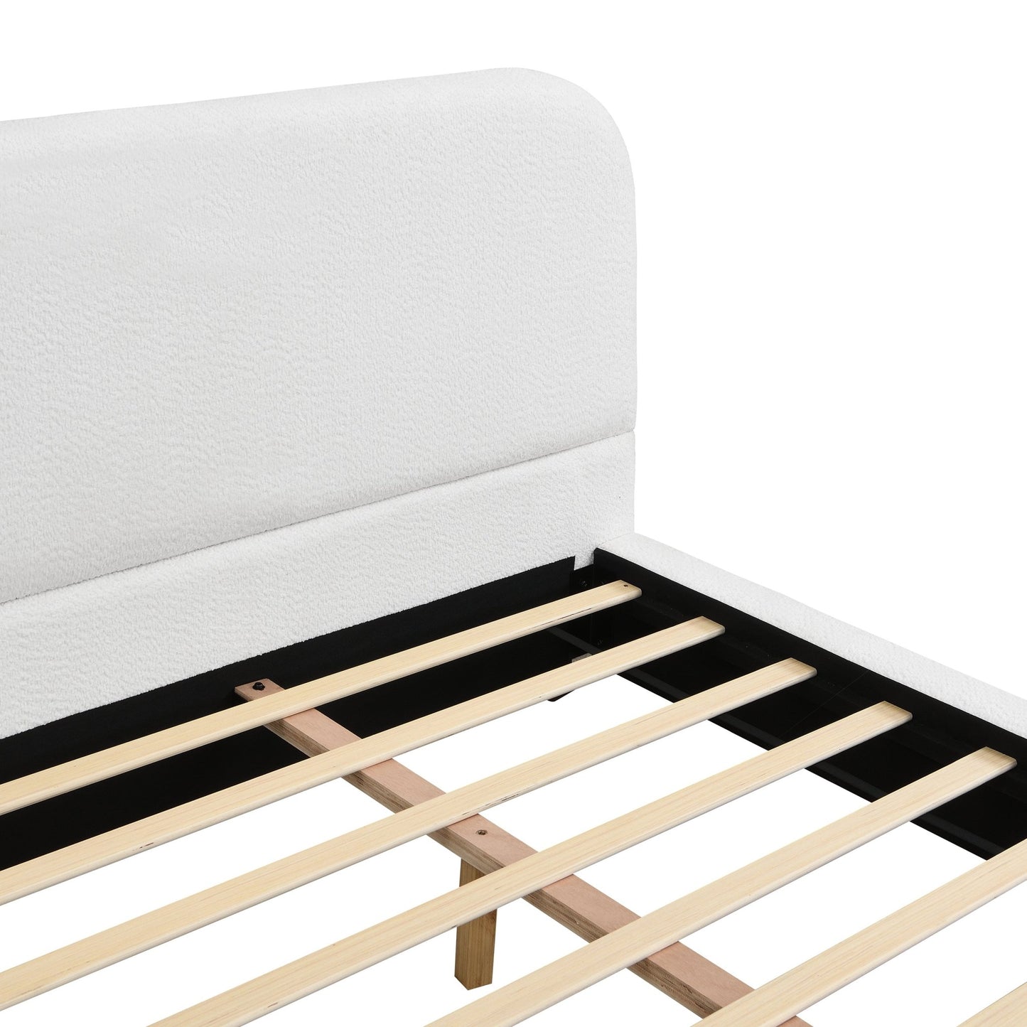 Elegant White Fabric Upholstered Bed Frame with Brown Rubber Wood Legs, King Size - 1st Choice Furniture Direct