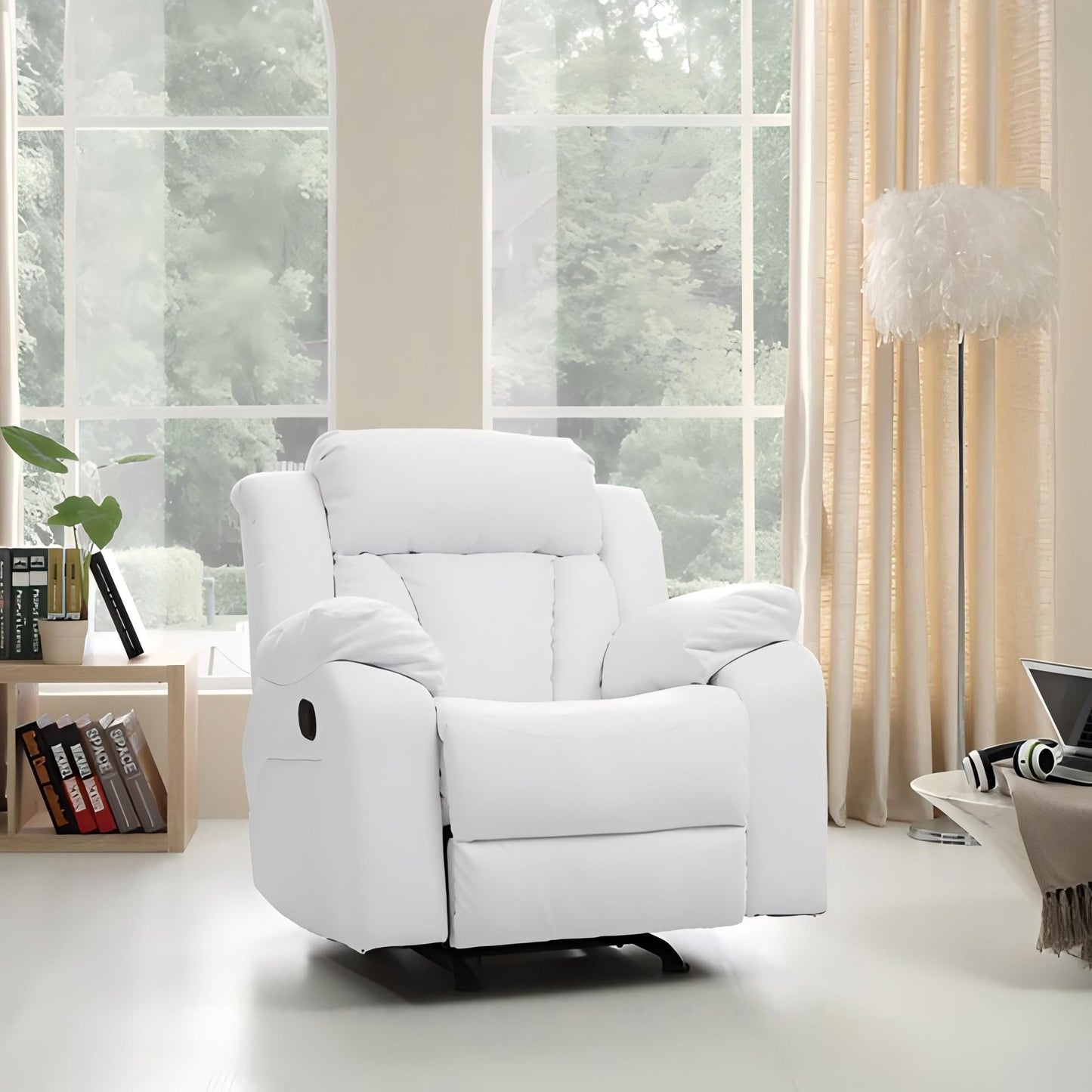 Elegant White Recliner with Padded Arms, Comfort Seating, White PU, 41x38x37 Inches - 1st Choice Furniture Direct