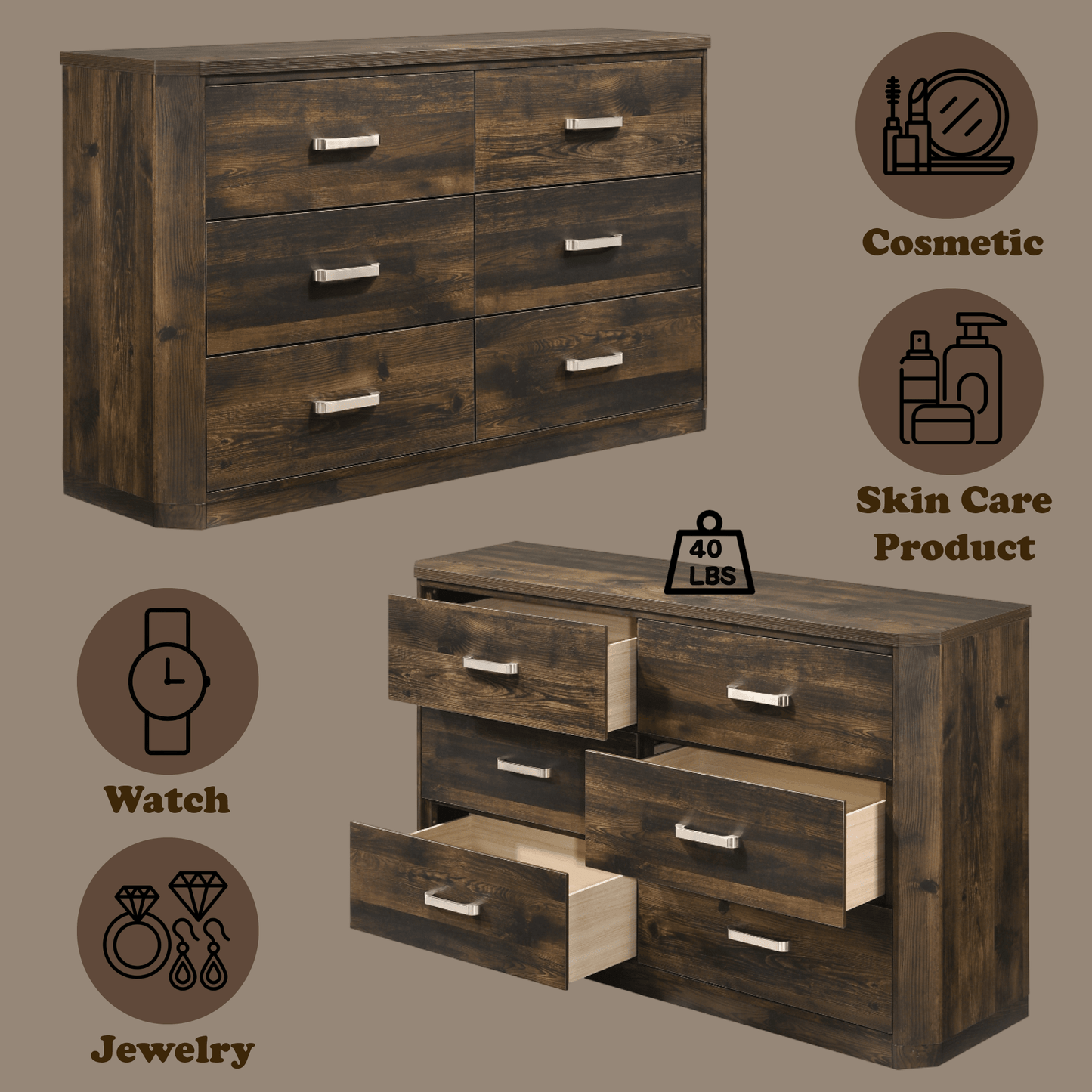 Elettra Rustic Walnut Finish Dresser - 1st Choice Furniture Direct