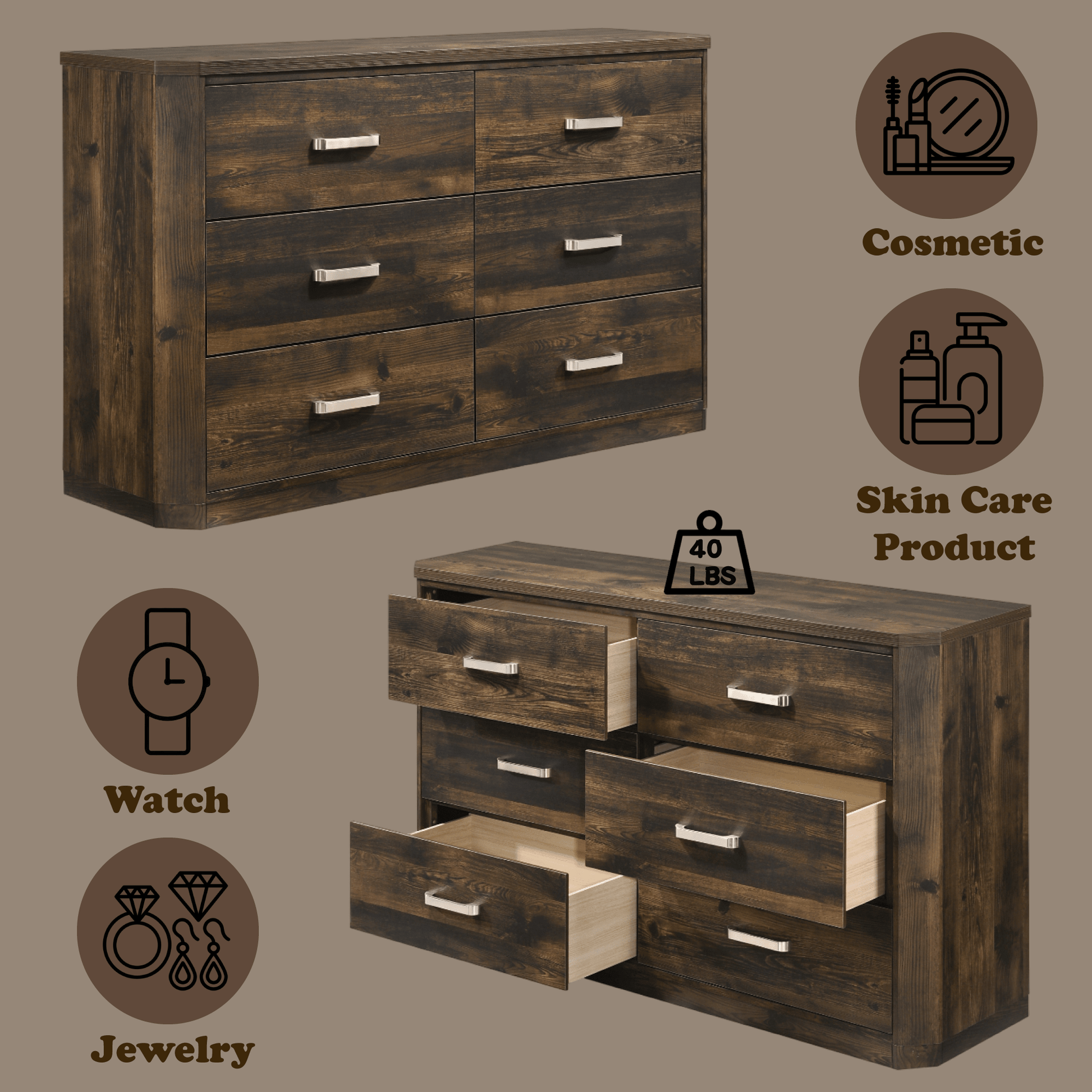 Elettra Rustic Walnut Finish Dresser - 1st Choice Furniture Direct