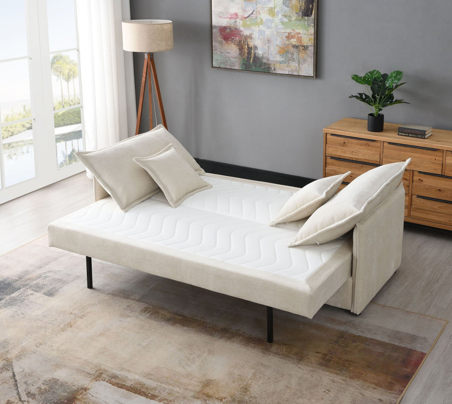 Elisea Beige Fabric Sleeper Sectional Sofa w/ 2 Toss Pillows - 1st Choice Furniture Direct