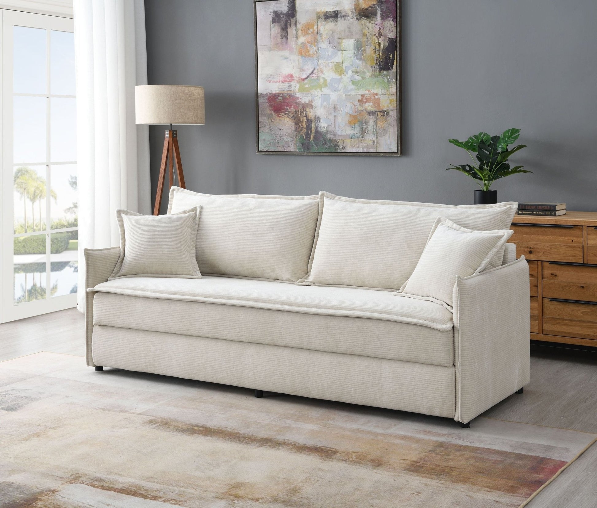 Elisea Beige Fabric Sleeper Sectional Sofa w/ 2 Toss Pillows - 1st Choice Furniture Direct