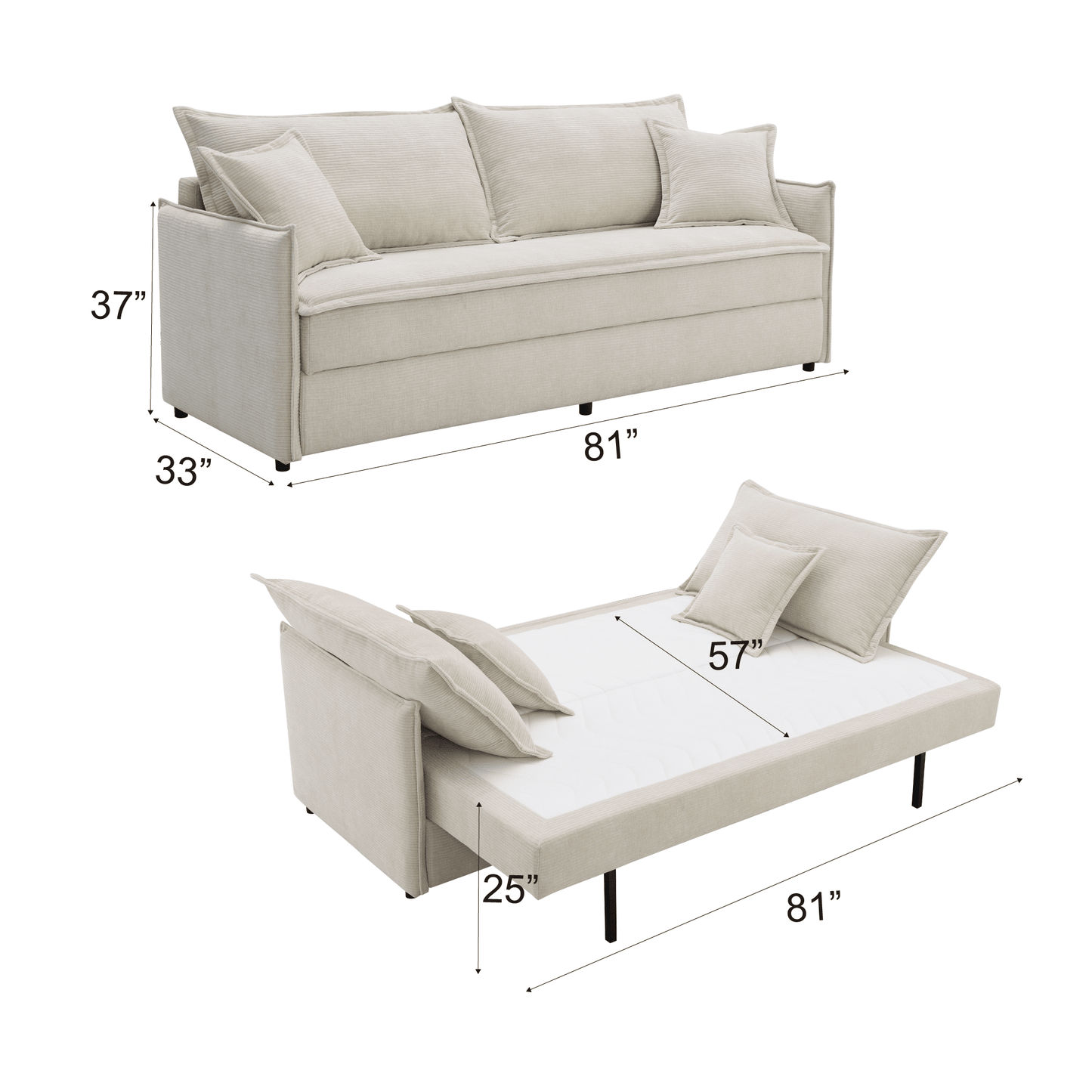 Elisea Beige Fabric Sleeper Sectional Sofa w/ 2 Toss Pillows - 1st Choice Furniture Direct