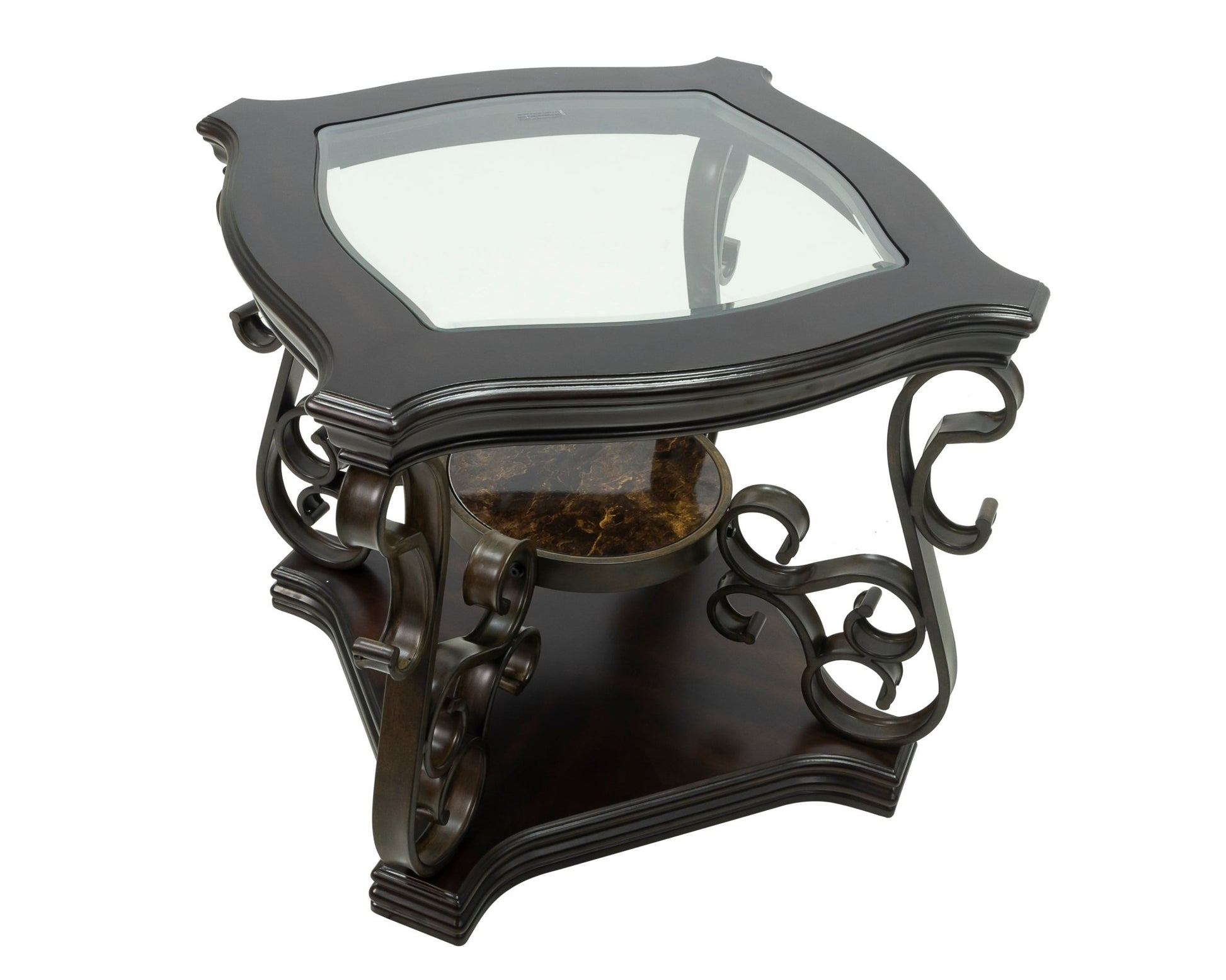 End table, Glass table top, MDF W/marble paper middle shelf, powder coat finish metal legs. (26.3'Lx26.3'Wx24'H) - 1st Choice Furniture Direct