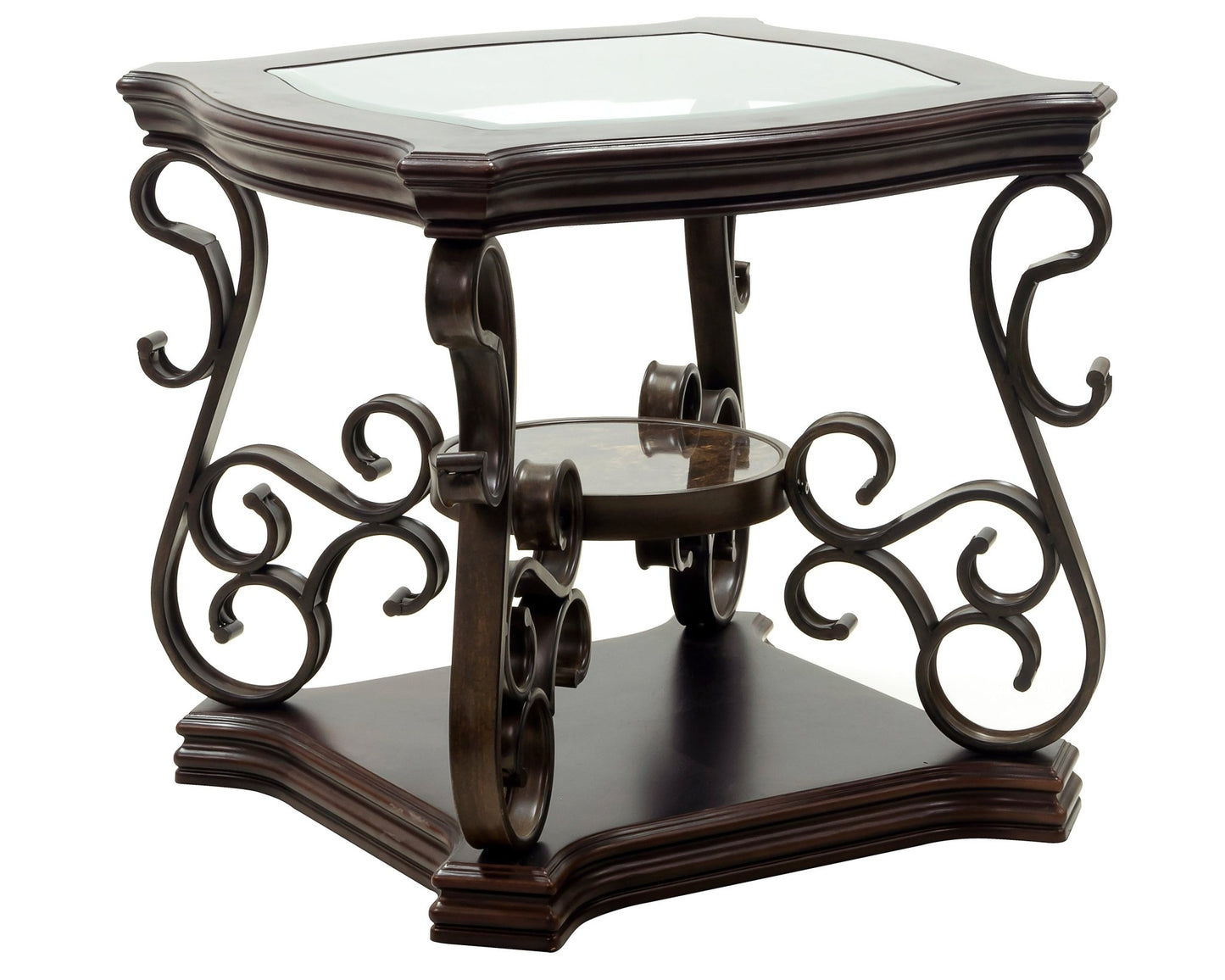 End table, Glass table top, MDF W/marble paper middle shelf, powder coat finish metal legs. (26.3'Lx26.3'Wx24'H) - 1st Choice Furniture Direct