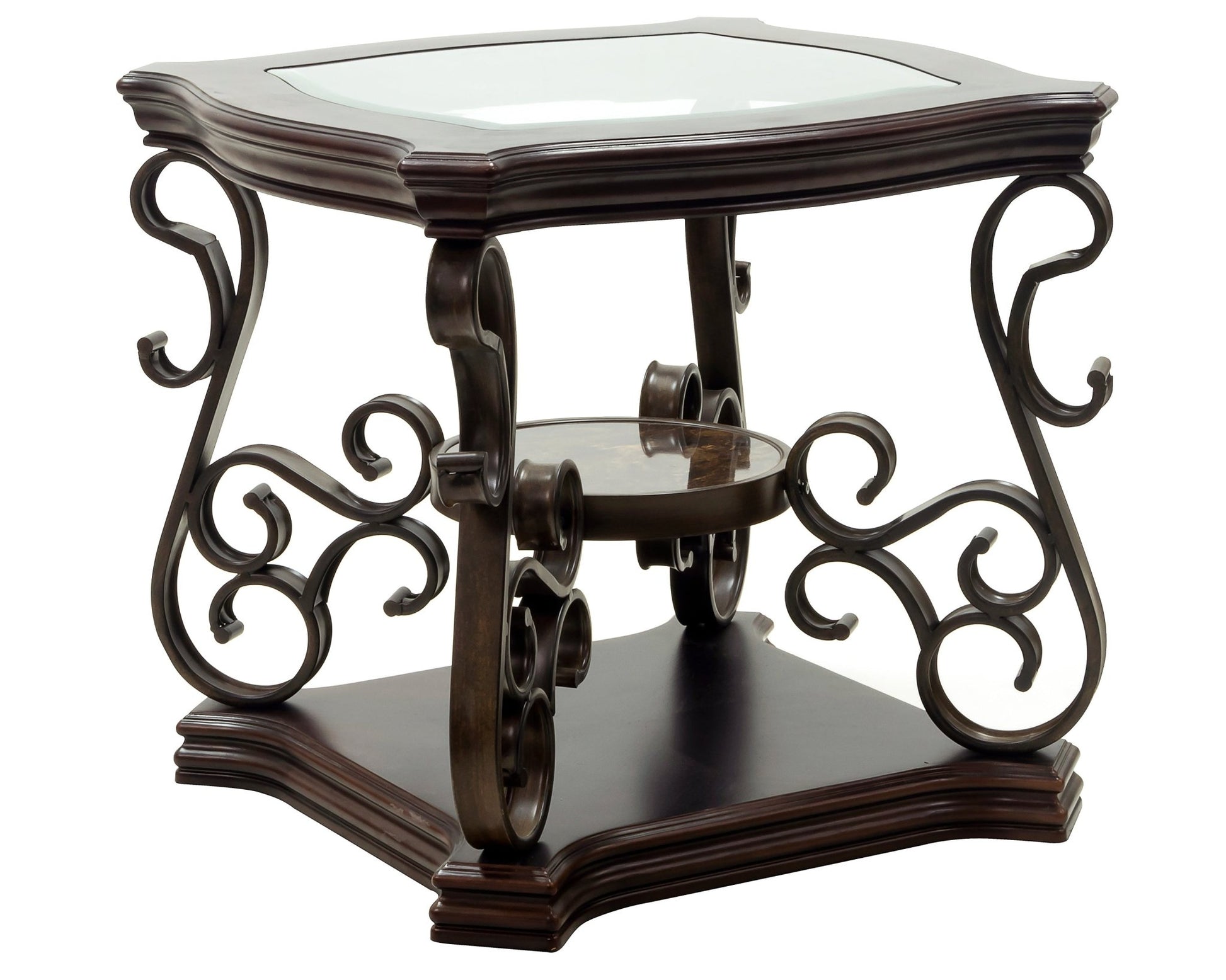 End table, Glass table top, MDF W/marble paper middle shelf, powder coat finish metal legs. (26.3'Lx26.3'Wx24'H) - 1st Choice Furniture Direct
