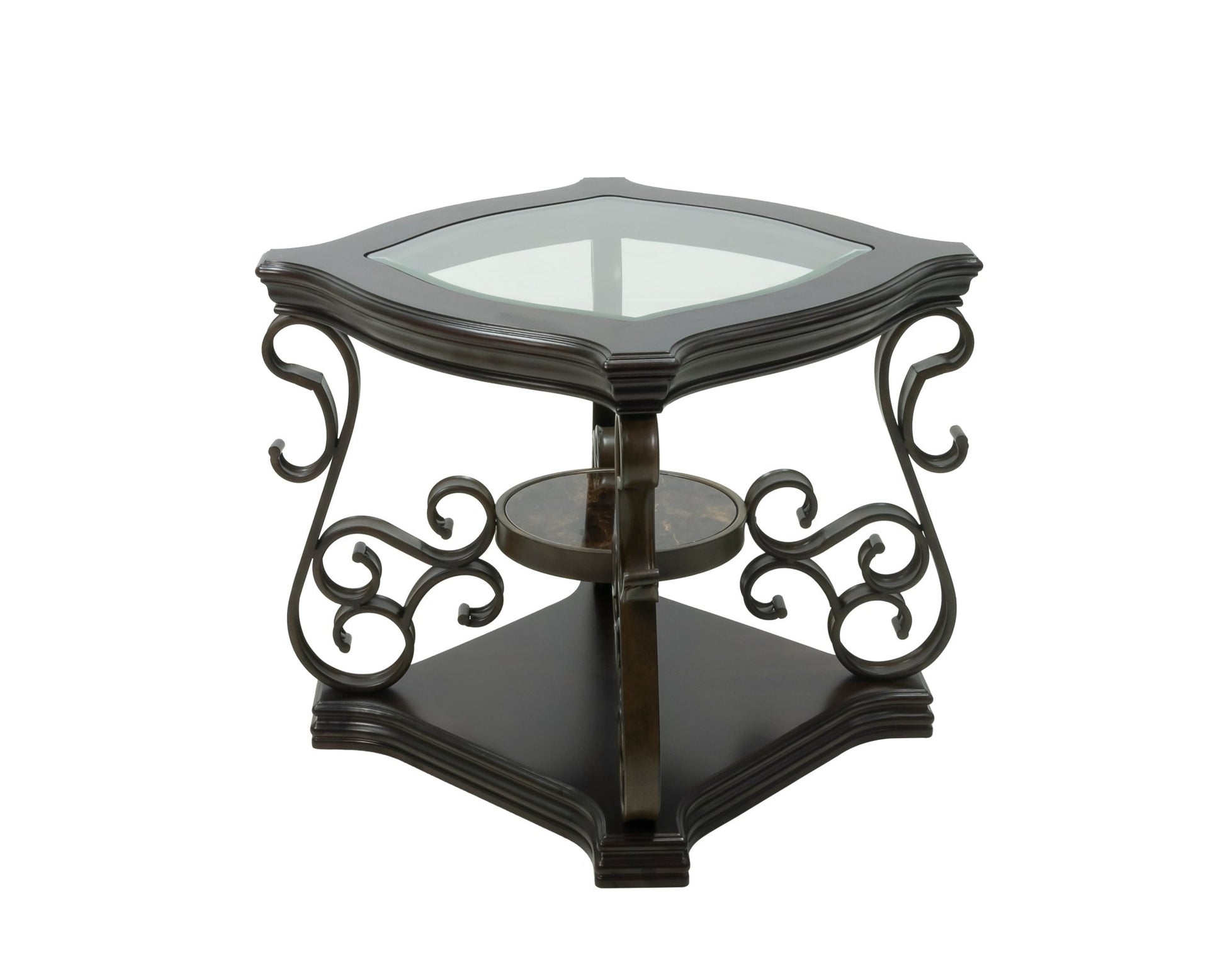 End table, Glass table top, MDF W/marble paper middle shelf, powder coat finish metal legs. (26.3'Lx26.3'Wx24'H) - 1st Choice Furniture Direct