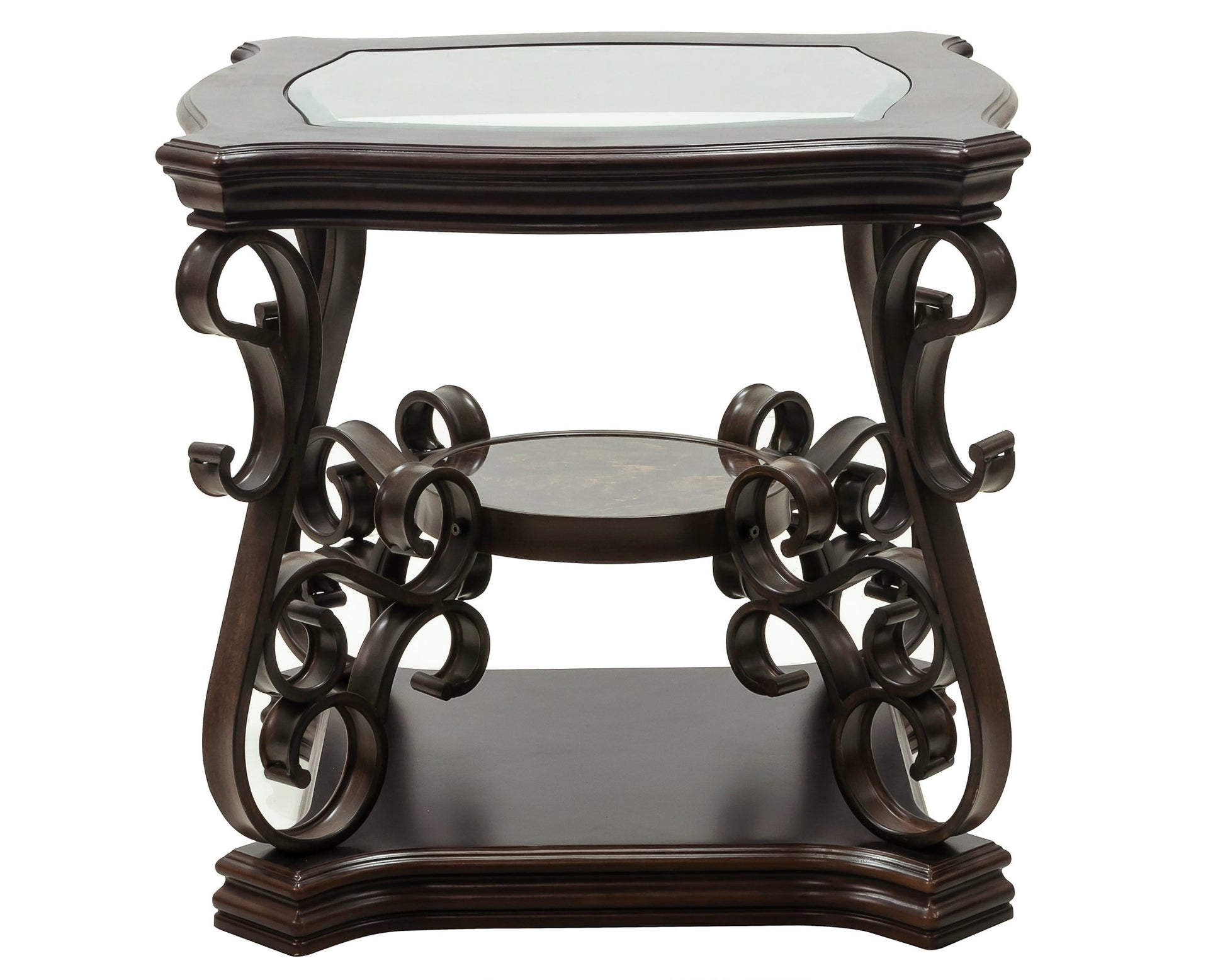 End table, Glass table top, MDF W/marble paper middle shelf, powder coat finish metal legs. (26.3'Lx26.3'Wx24'H) - 1st Choice Furniture Direct