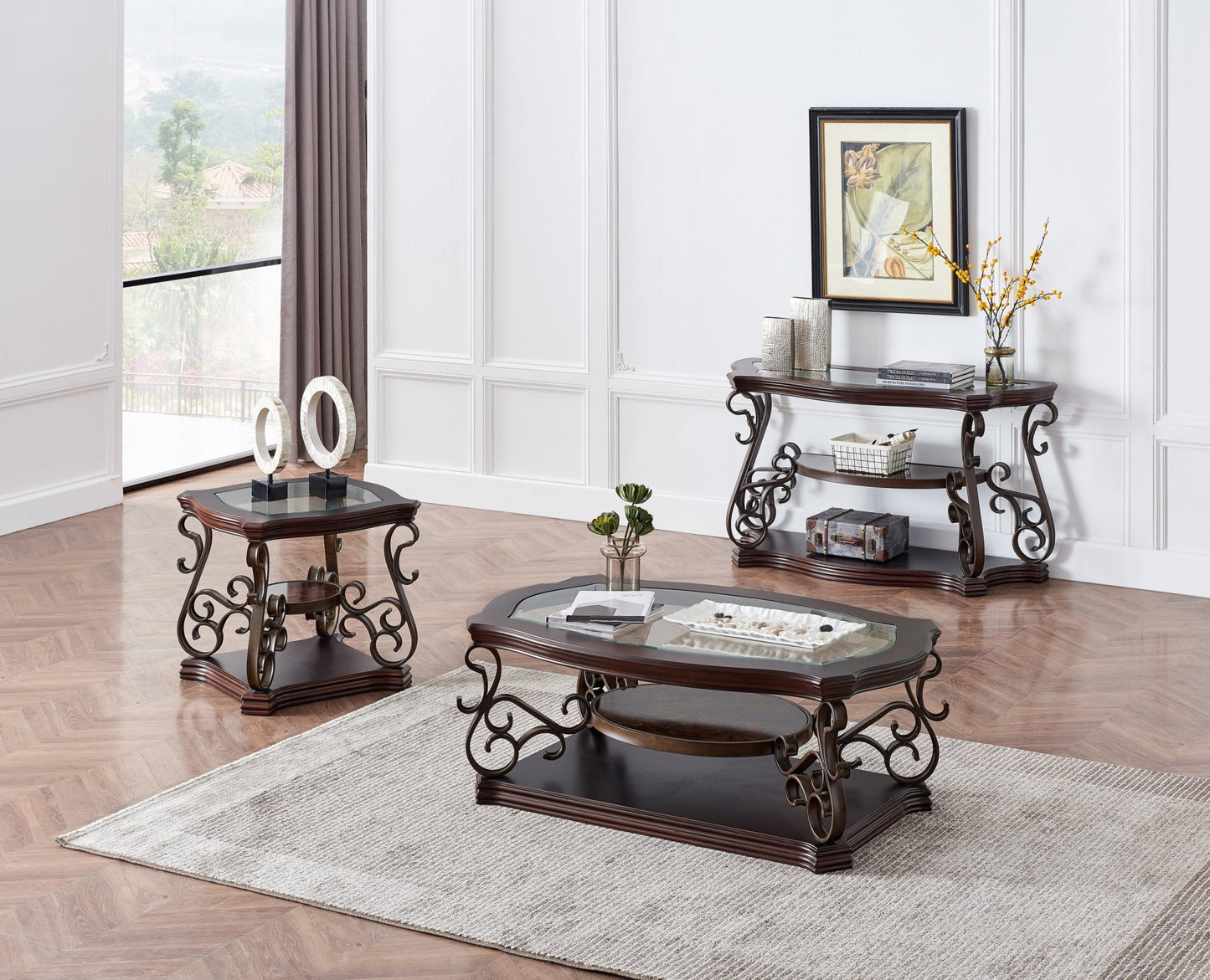 End table, Glass table top, MDF W/marble paper middle shelf, powder coat finish metal legs. (26.3'Lx26.3'Wx24'H) - 1st Choice Furniture Direct